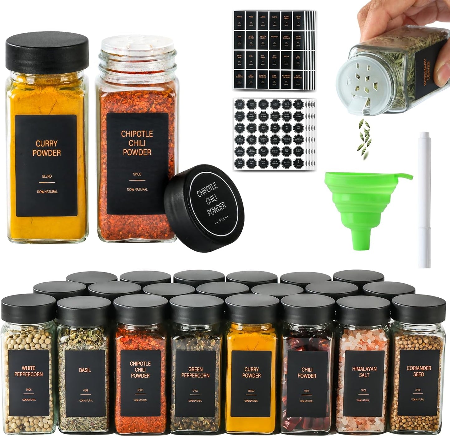 Spice Jars with Label，4oz Glass Spice Bottles With Shaker Lids，Seasoning Containers with Funnel, Chalk Pen for Cabinet，Drawer，Rack (Black, 24)