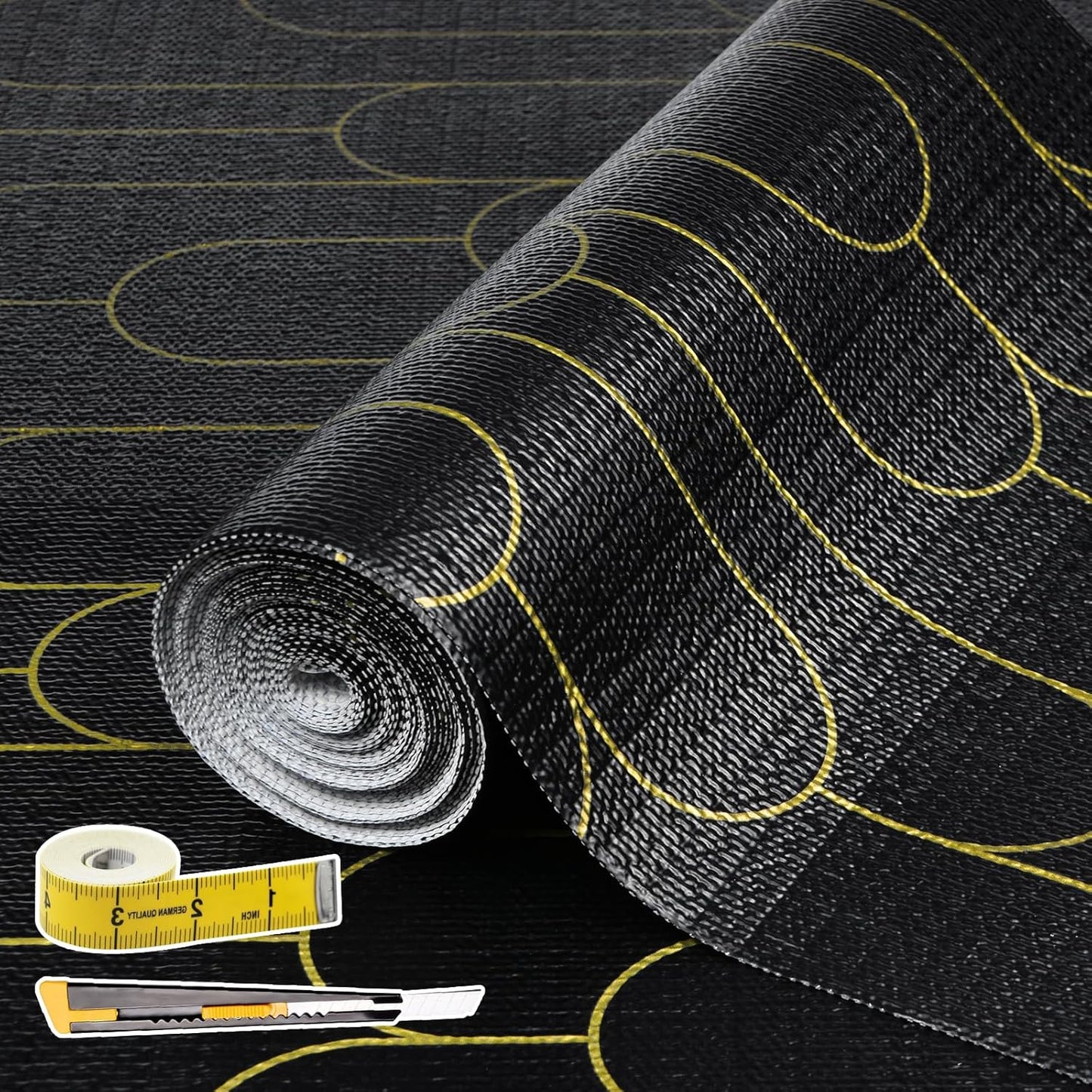 Shelf Liners for Kitchen Cabinets Drawer Liner 23.6in x 20FT Non Adhesive Black Gold Line Thickened Refrigerator Shelf Liner Paper Strong Easy to Clean for Tool Box with Knife and Tape Measure