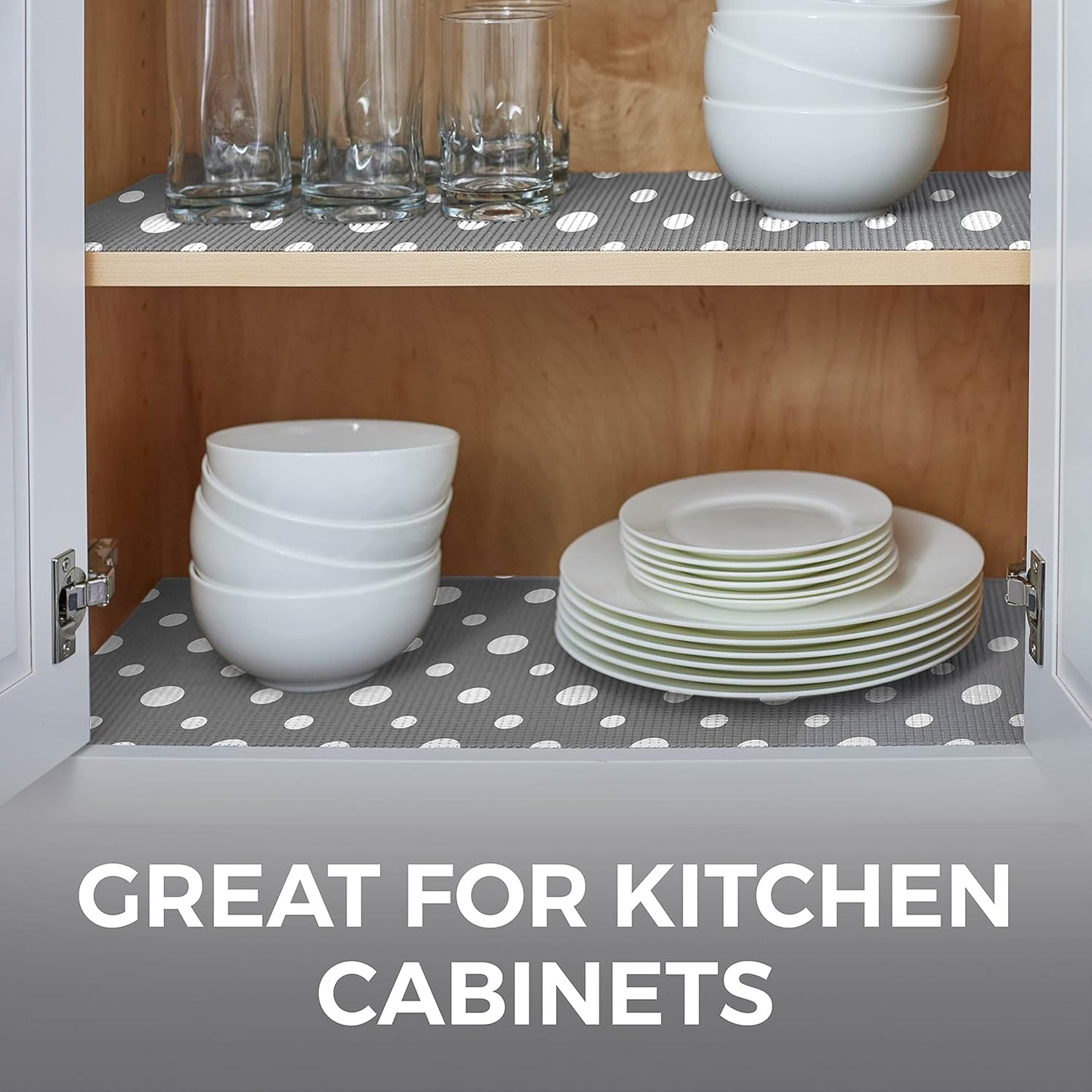 HOME GENIE Shelf Drawer and Cabinet Liner, Durable with Strong Grip, 17.5 in x 20 FT, Non Adhesive Liners Protect Kitchen Cabinets and Cupboard, Bathroom Drawers and Shelves, Desks, Dots Gray White