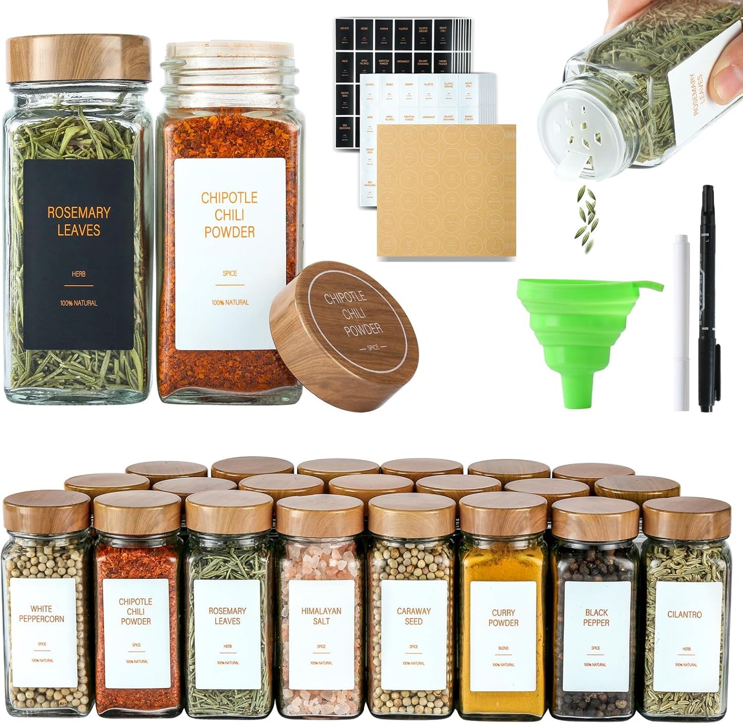 Spice Jars with Label，4oz Seasoning Containers, Glass Spice Bottles with Shaker Lids,Funnel, Chalk Pen (24)