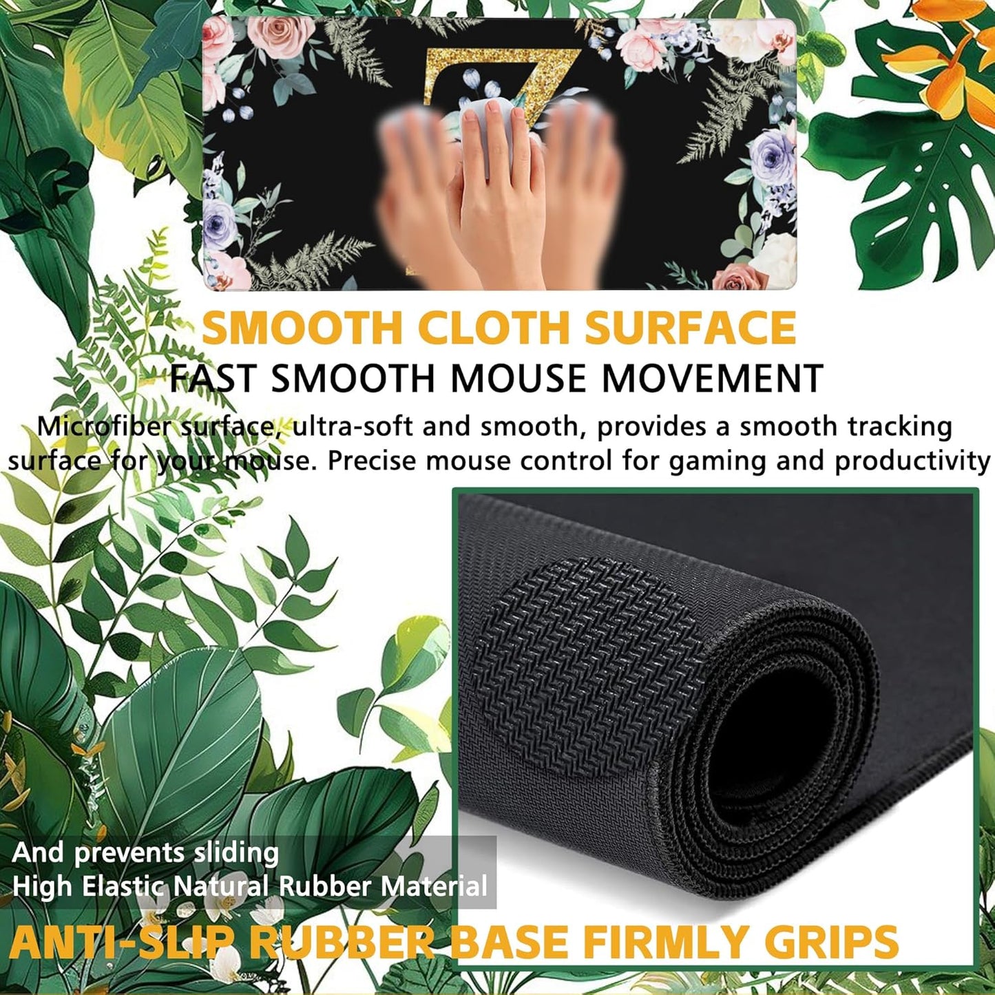 Large Gaming Mouse Pad for Desk, Flower Golden Letters Z Desk Mat, 35.4"x15.7" Big Mouse Pad with Non-Slip Base and Stitched Edge, Long Computer Keyboard Mouse Mat for Home Office Work