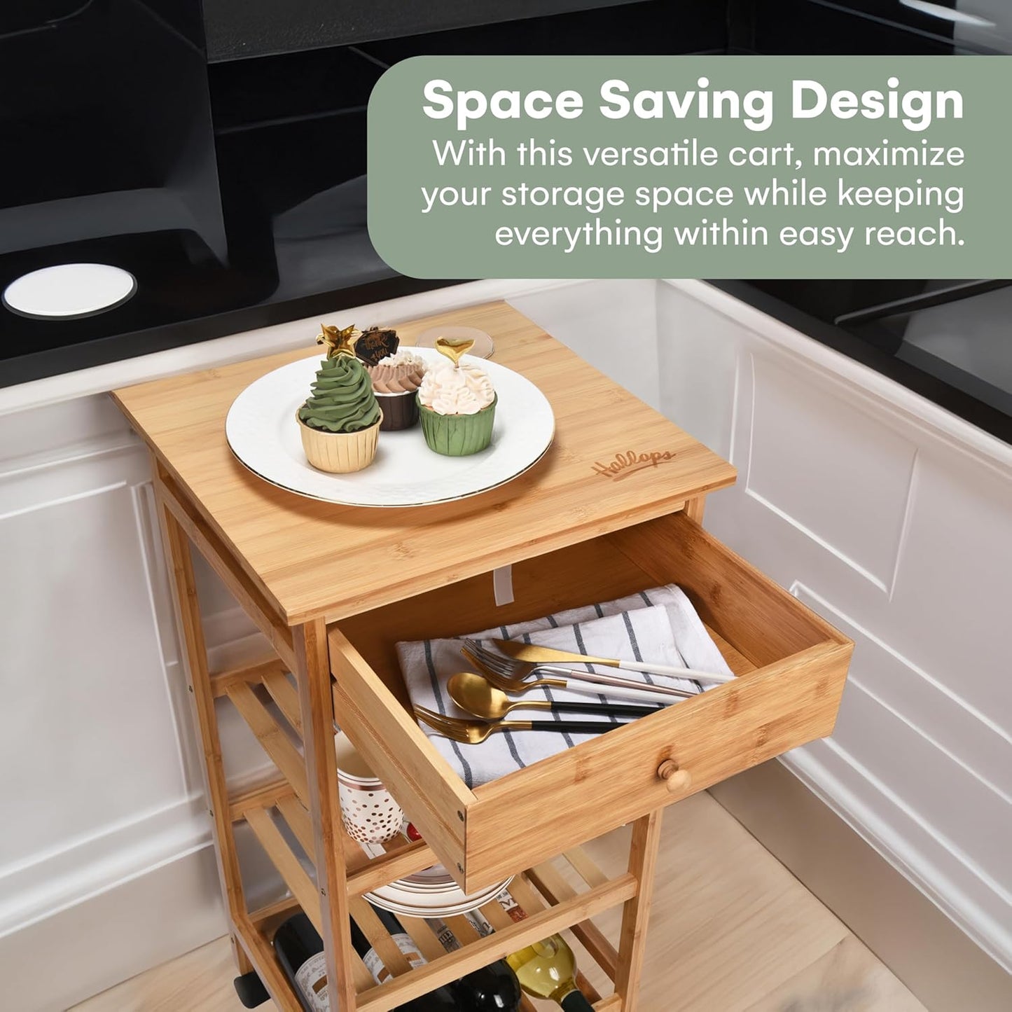 Hallops Kitchen Cart with Drawer and Basket - Brown Kitchen Cart Island for Small Spaces - Extra Counter Space or Spice Rack - Portable Dining Table with Wheels - Elegant Solid Wood Top, Spice Drawer
