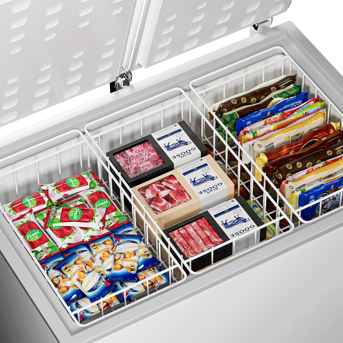 17.5'' Chest Freezer Organizer Basket, Sturdy Metal Wire Pantry Freezer Baskets, Deep Freezer Basket Storage Rack Bins, White, Set of 2
