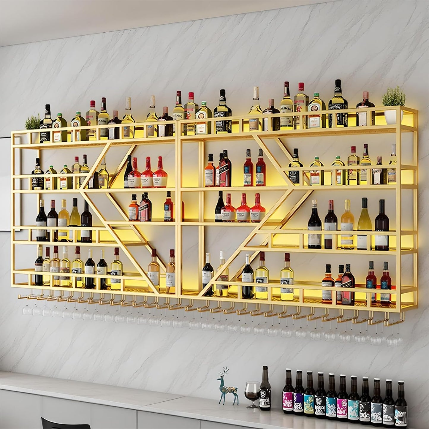 79in Metal Wine Rack Wall Mounted, Modern Wine Storage Rack Wall Mounted with Wine Glass Holder, Liquor Shelf, Bar Shelves for Liquor Bottles (4 Tiers Gold, 79 * 7.87 * 48.5INCH)