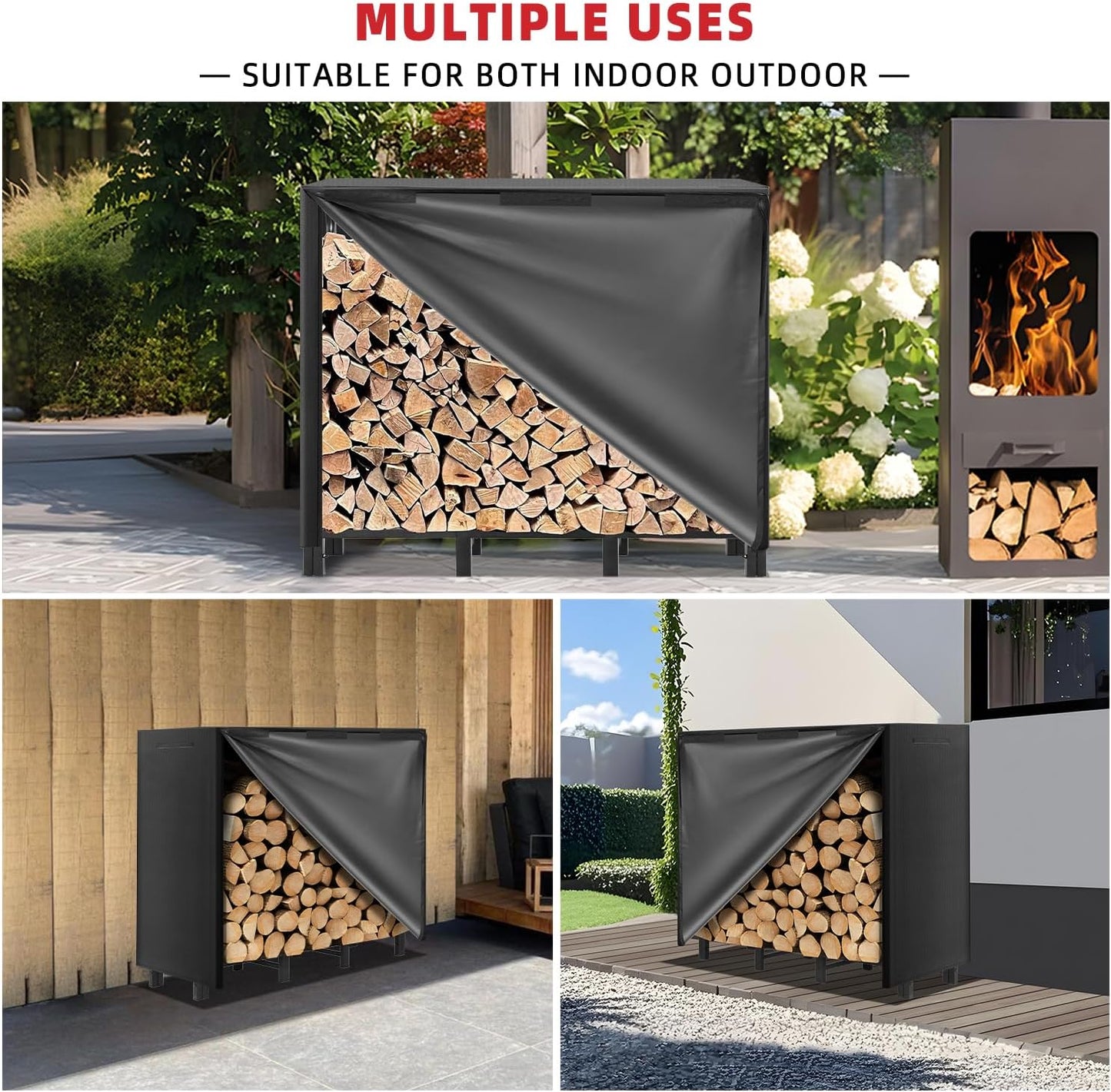 4FT Firewood Rack Outdoor with Cover, Heavy Duty Adjustable Firewood log Storage & Holder, Wood Pile Lumber Storage Rack Stacking Outside for Courtyard Patio.
