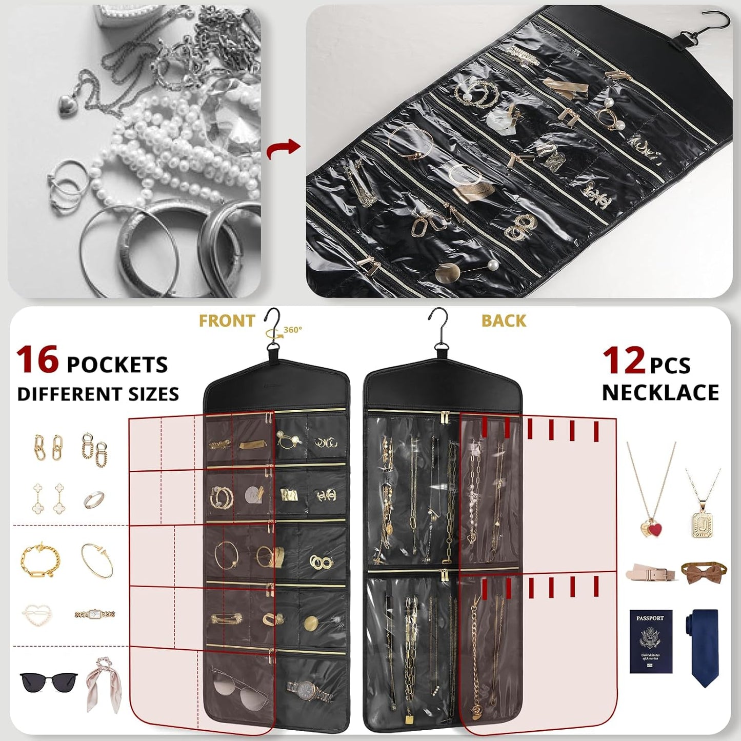 CHICECO Travel Jewelry Holder Organizer,Hanging Jewelry Organizer Storage with Zippered Pockets for Cloest,Jewelry Holder for Earrings, Necklaces（Black）