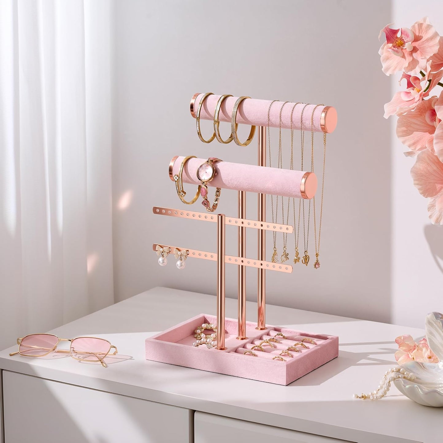 3 Tier Bracelet Holder Display - Detachable T Bar Pink Velvet Bracelet Holder, Jewelry Holder Organizer for Bracelet, Necklace, Earrings, Rings