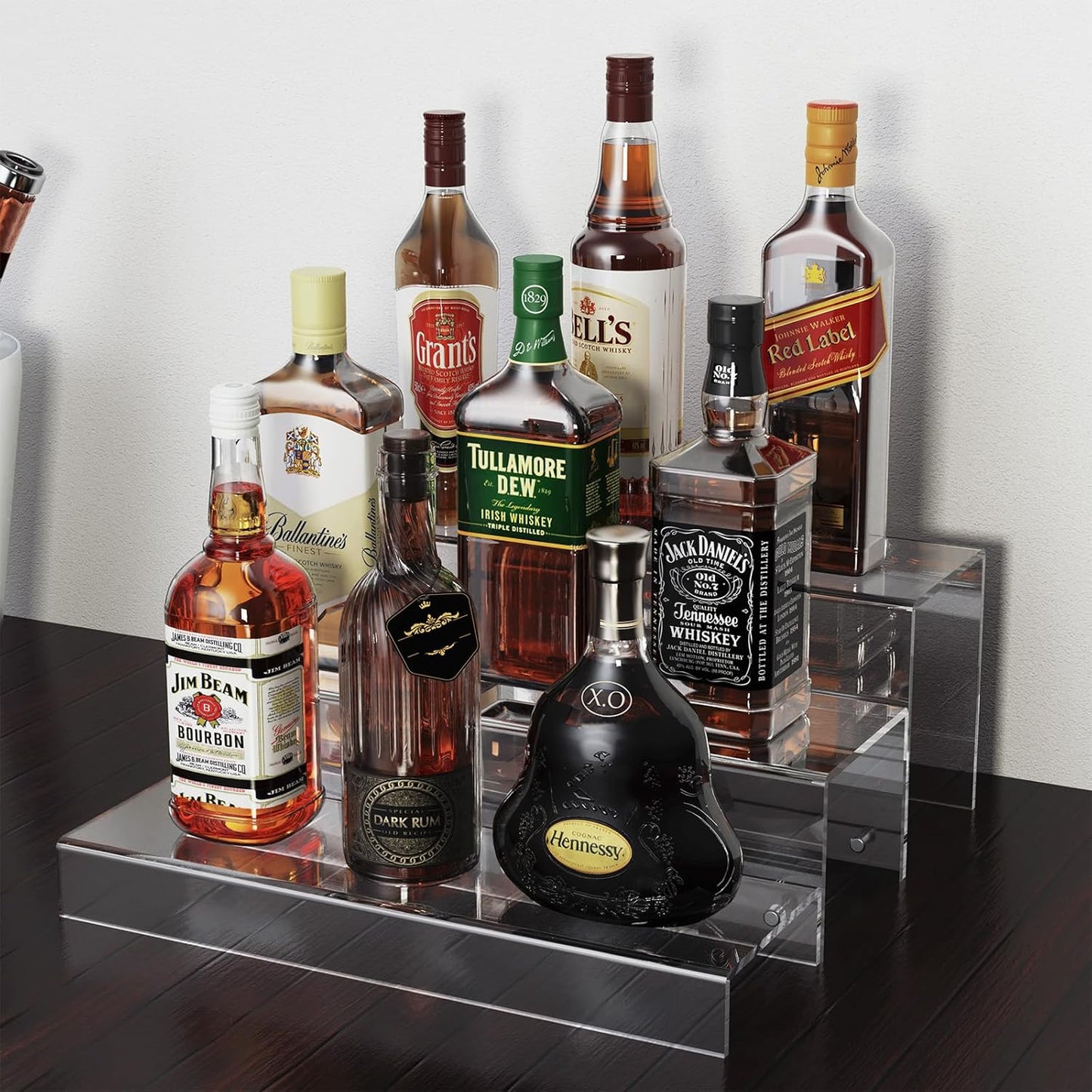 3 Tiers Bar Shelves for Liquor Bottles, 15" Bar Organizer for Countertop, Clear Acrylic Risers Display Racks Stands for Figures Pops Cupcake Perfume Collections (Patent: D1076520S)