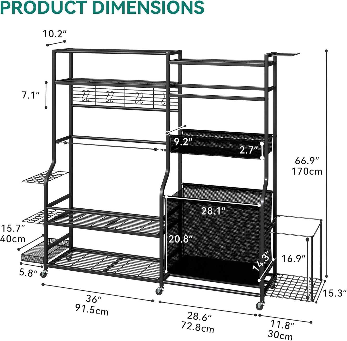 YITAHOME Multi-Functional Sports Organizer for Garage, Golf Gear Storage Rack for 3 Bags and Clubs, Ball Storage Bins with Wheels, Multi-Layer Sports Equipment Rack with Hooks