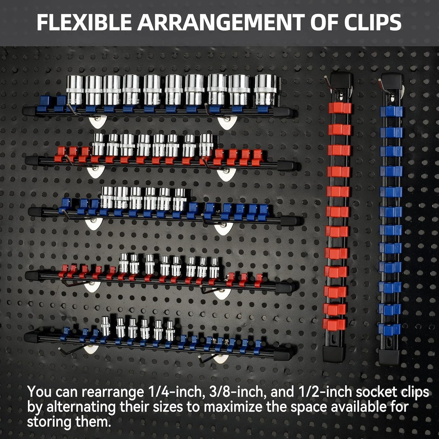 Socket Organizer Drive ABS Tools-Socket Holder, Premium Quality 3 Pieces Holders Kit 1/4-Inch x 16 Clips, 3/8-Inch x 15 Clips, 1/2-Inch x 12 Clips