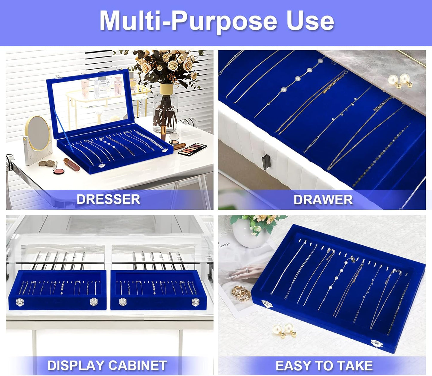 Jenseits Jewelry Display Box For Necklace Organizer, Velvet Necklace Storage Tray For Drawer, 20 Hooks Large Velvet Showcase Holder, Jewelry Organizer With Transparent Lid, Gifts For Her - Blue