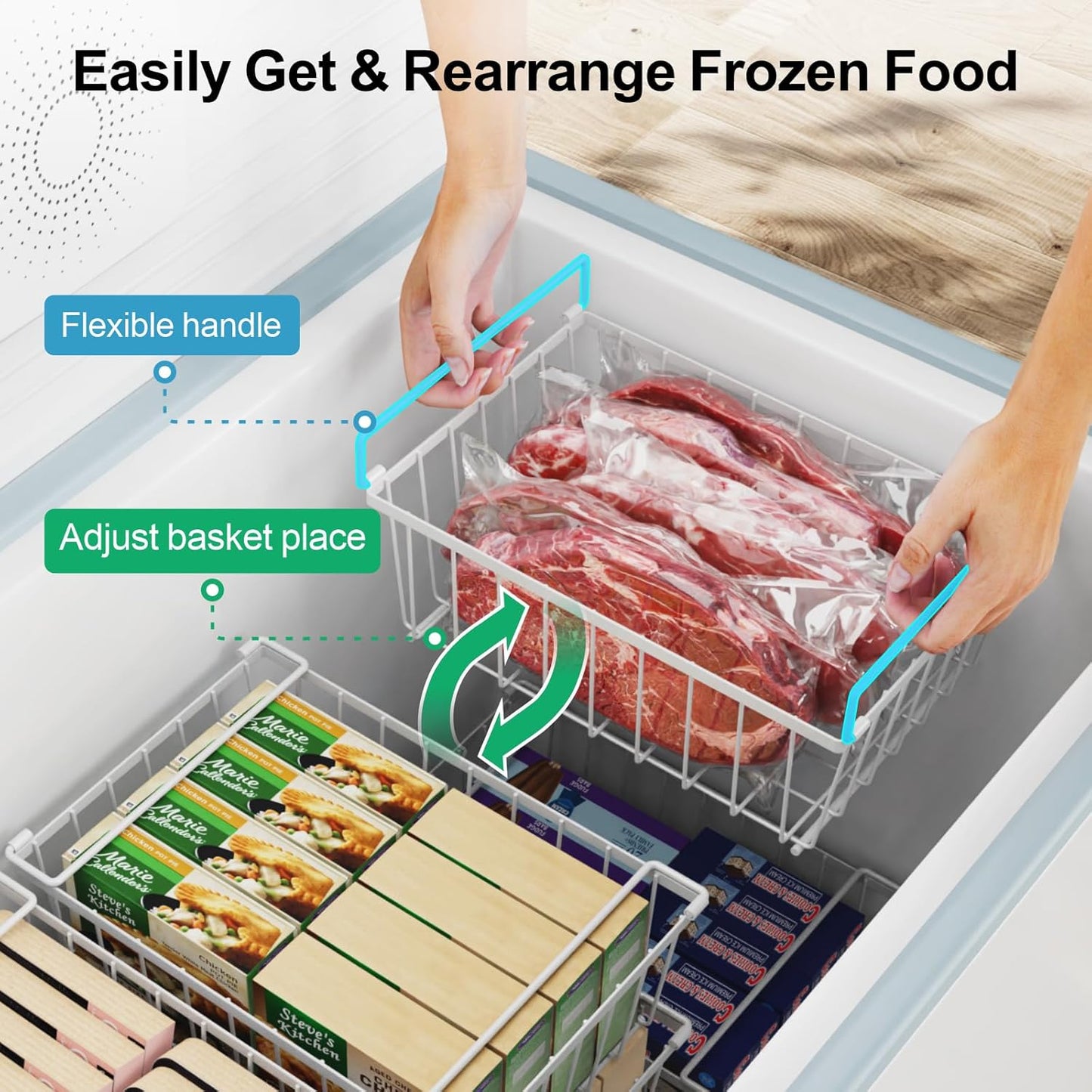 iSPECLE Chest Freezer Organizer Bins - 8 Pack Stackable Freezer Organizer for 5 to 7 Cu.Ft Freezer and Upright Freezer Over 8.5 Cu.Ft, Easy Get Food from Bottom, Add Extra Storage Space, White