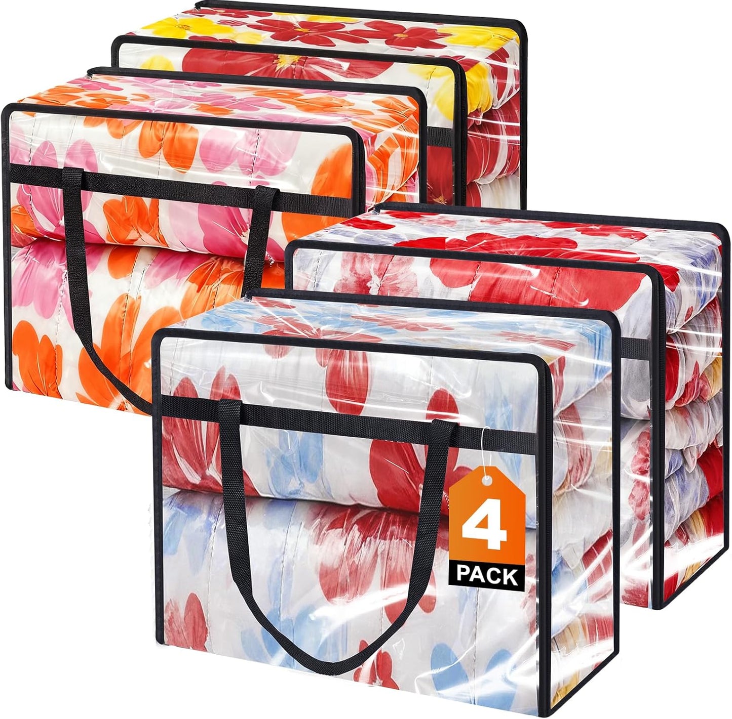 4 Pack Clear Clothes Storage Bags, Vinyl Blanket Storage Bag with Heavy-Duty Zipper, Foldable Moving Bags, Closet Organizers for Bedding, Comforter, Linens, Sweaters, Pillows, Toys (40L)
