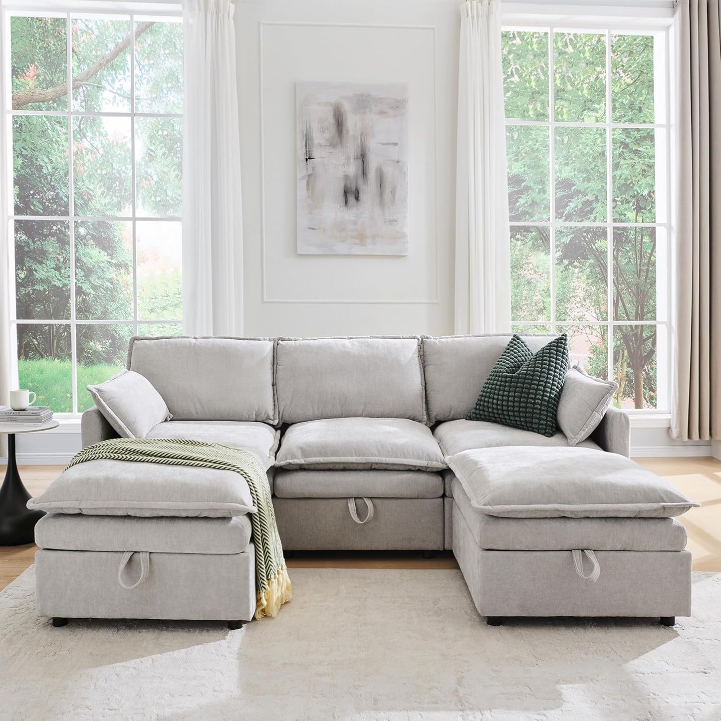 88.98" Sectional Couches for Living Room, Cloud Couch Sectional with Large Storage, U-Shape Modular Sectional Sofa with Ottoman, 5 Chenille Seater with Pillow for Apartment, Bedroom, Light Grey