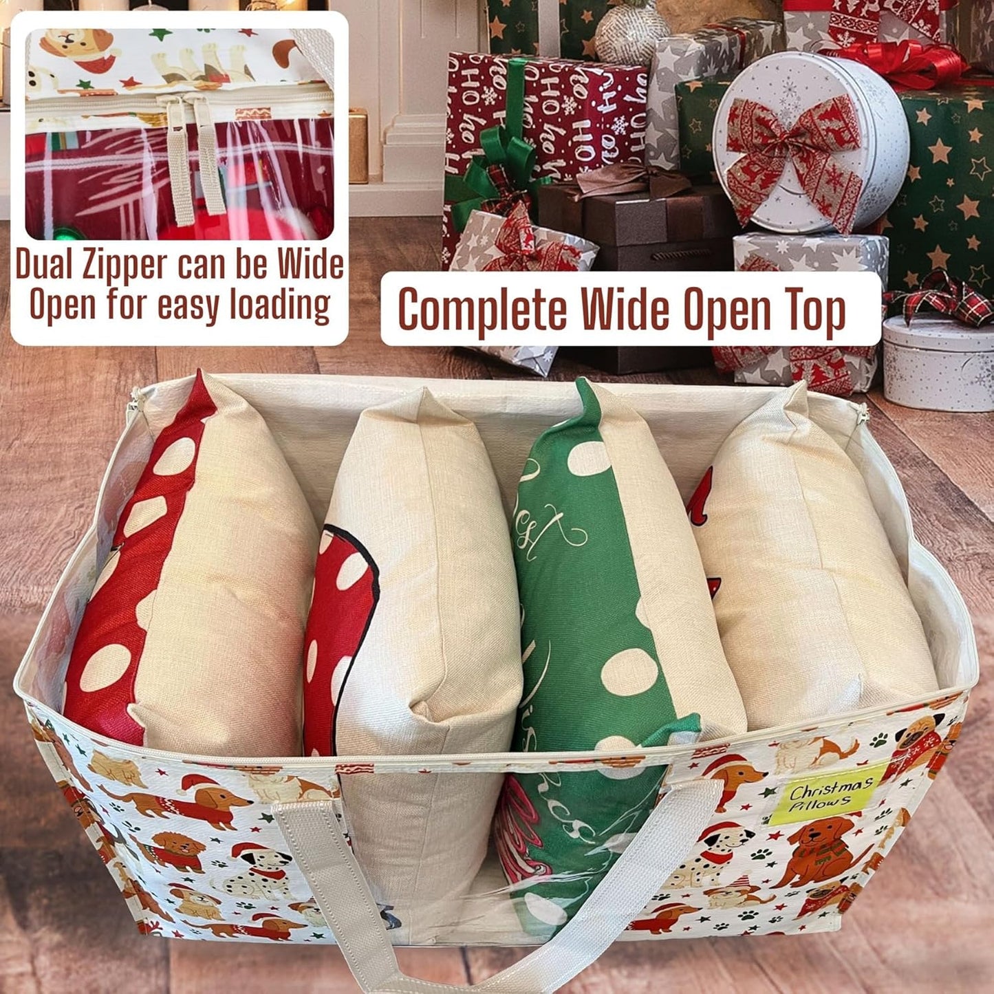 VENO 2 Pack Moving Bags, Large Christmas Storage Bins with lids, Packing Supplies for College, Alternative to Moving Boxes, Foldable, Heavy-Duty Tote, Christmas Pattern (Holiday Pups, 2 Pack)