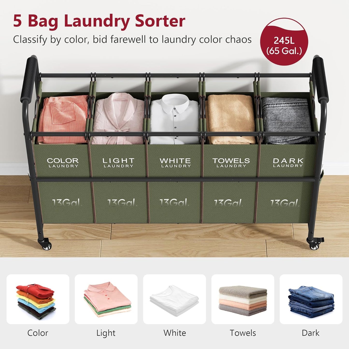 Tajsoon 5 Sections Laundry Sorter, Laundry Hamper with Heavy Duty Lockable Wheels and Removable Bags, 5 Bag Laundry Sorter Cart for Dirty Clothes Storage, Green