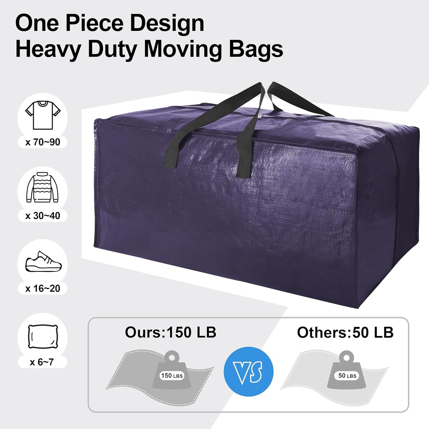 6 Pack Heavy Duty Extra Large Moving Bags W/Backpack Straps - Strong Handles & Zippers, Storage Totes For Space Saving, Fold Flat, Alternative to Box and Bin (40 gal, Semi-Transparent+Blue+Black)