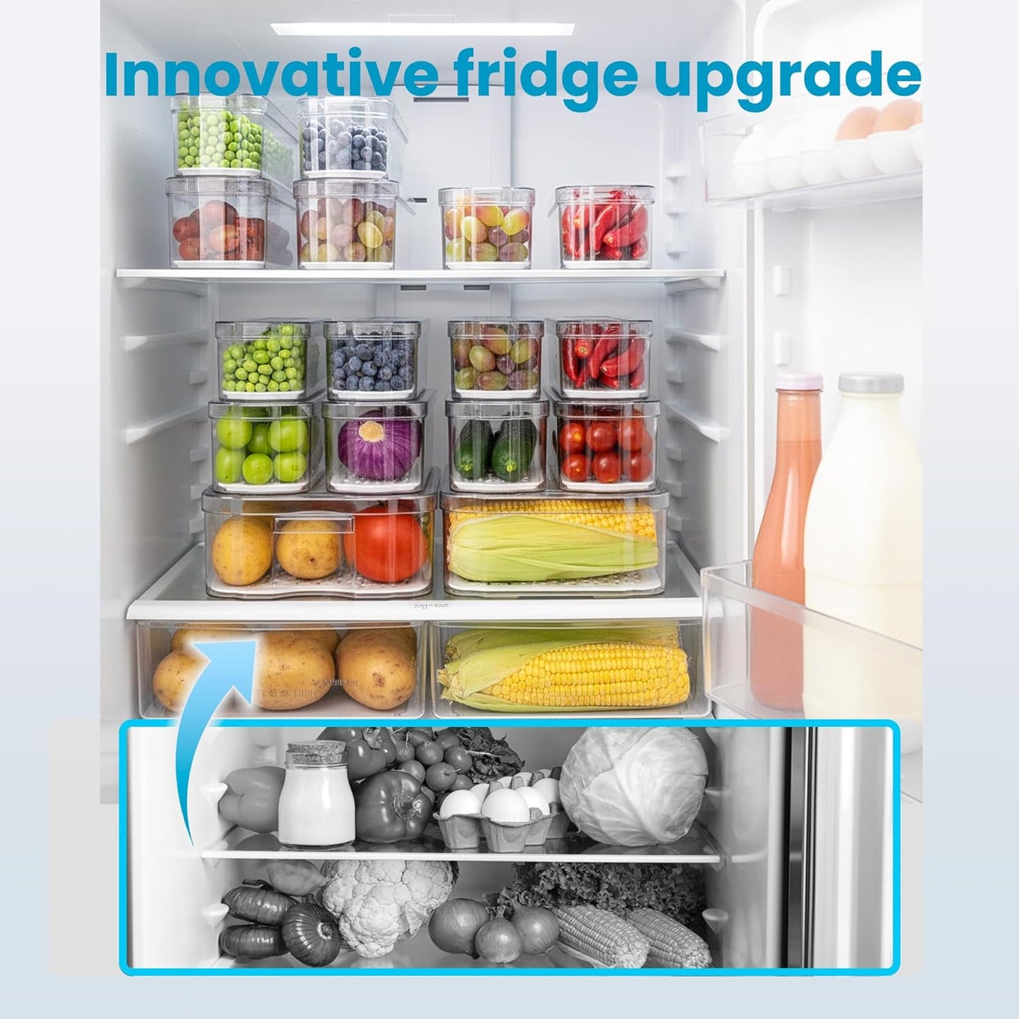 8 Pack Refrigerator Organizers, Clear Pull-out Drawer Container and Organizer Bins with Lids, Stackable Storage Containers for Fruits, Vegetable (Set of 6 (Include Pull-out Drawer))