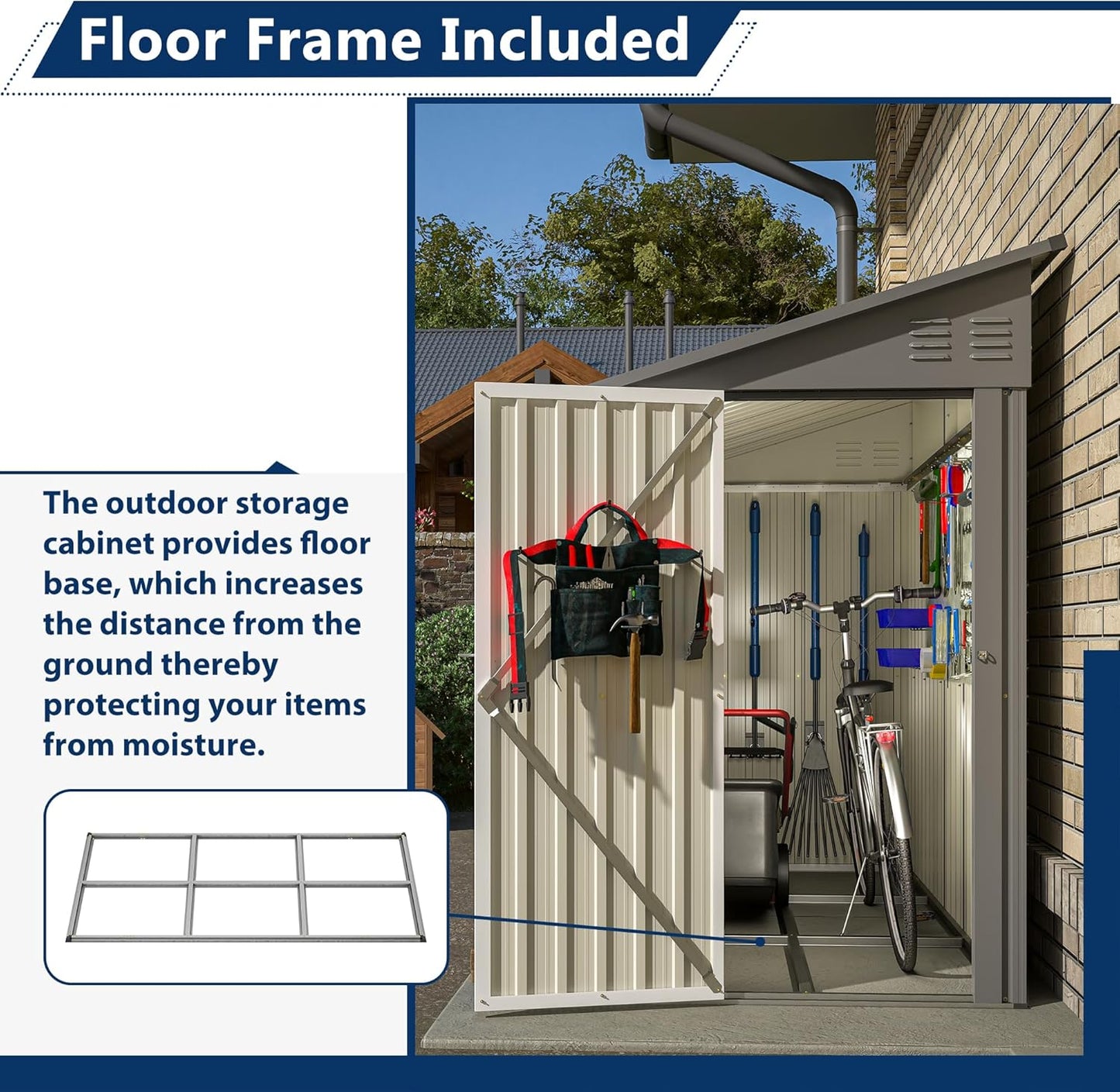 Outdoor Metal Storage Shed 4 x 8 ft, Garden Shed Lean to shed for Bike, Tool Outside Shed with Floor Base, Lock, Door for Backyard, Patio, Lawn, Grey