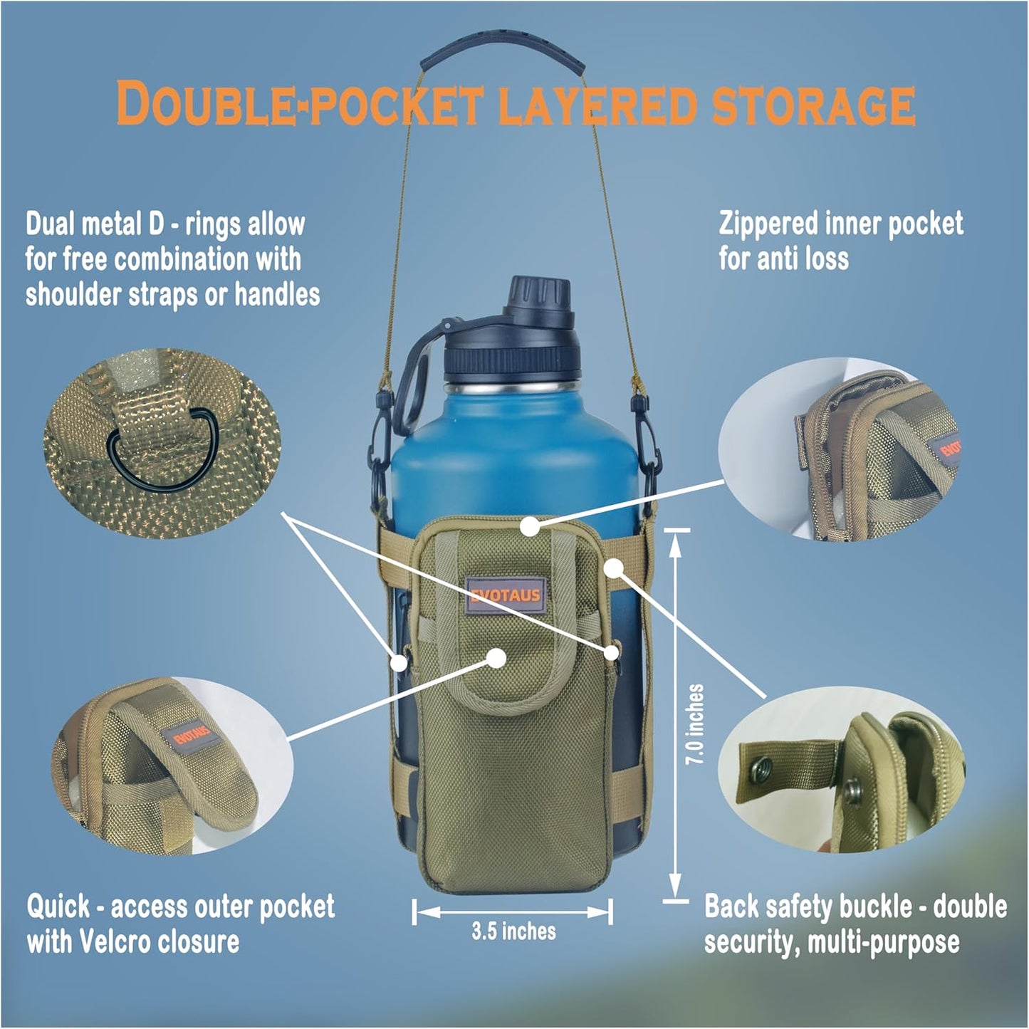 MOLLE Water Bottle bag - Bottle Holder Carrier Sling with Strap for Walking - Manual Strap Adjustment for Precise Fit of Most 18-64 oz Bottles (Check Size Fit Guide), Khaki