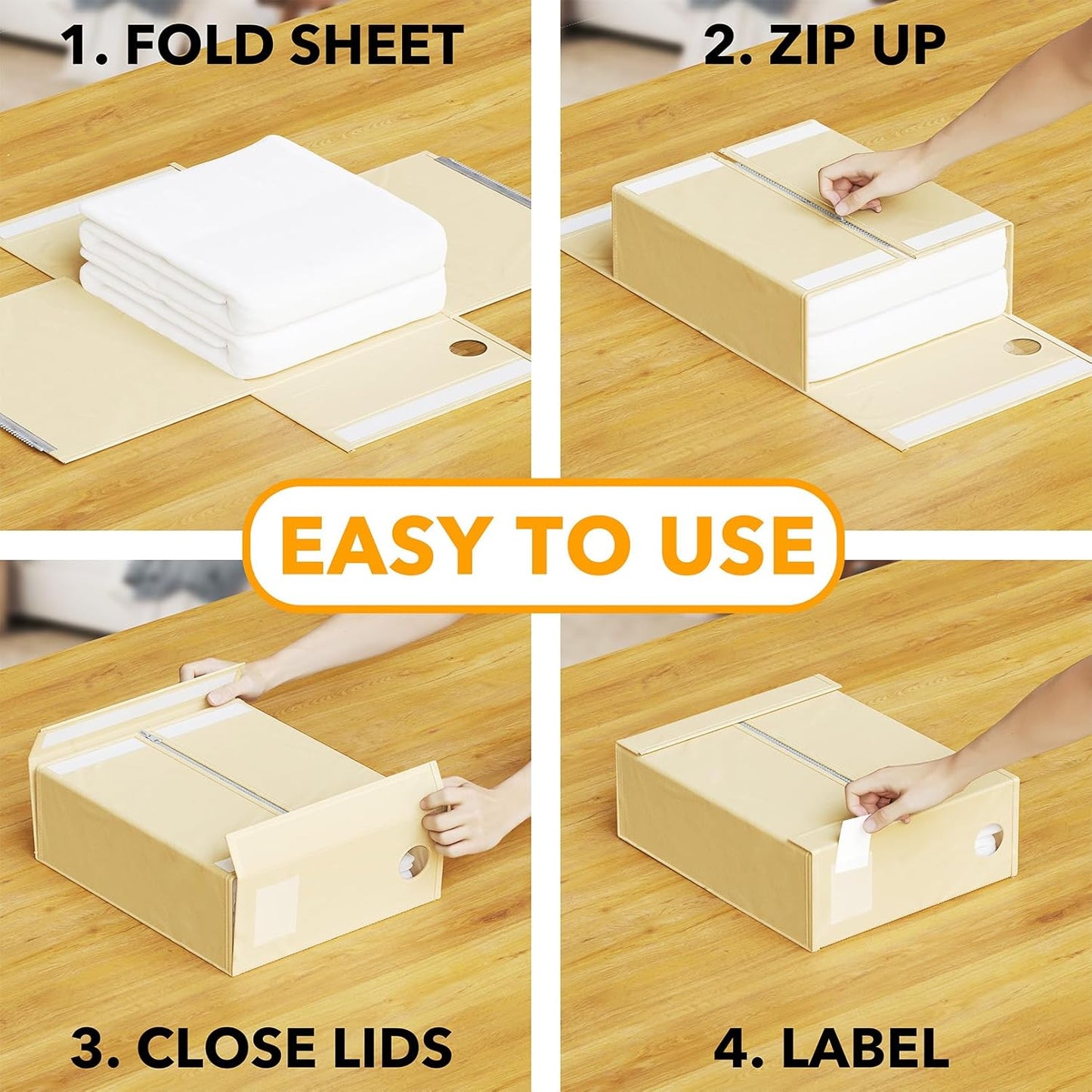 SpaceAid 4 Pack Bed Sheet Organizers and Storage, Foldable Sheet Organizer for Linen Closet, Sheets Set Folder Keeper with Window XL (Queen & King Size) Organizing Bedding Container, Beige