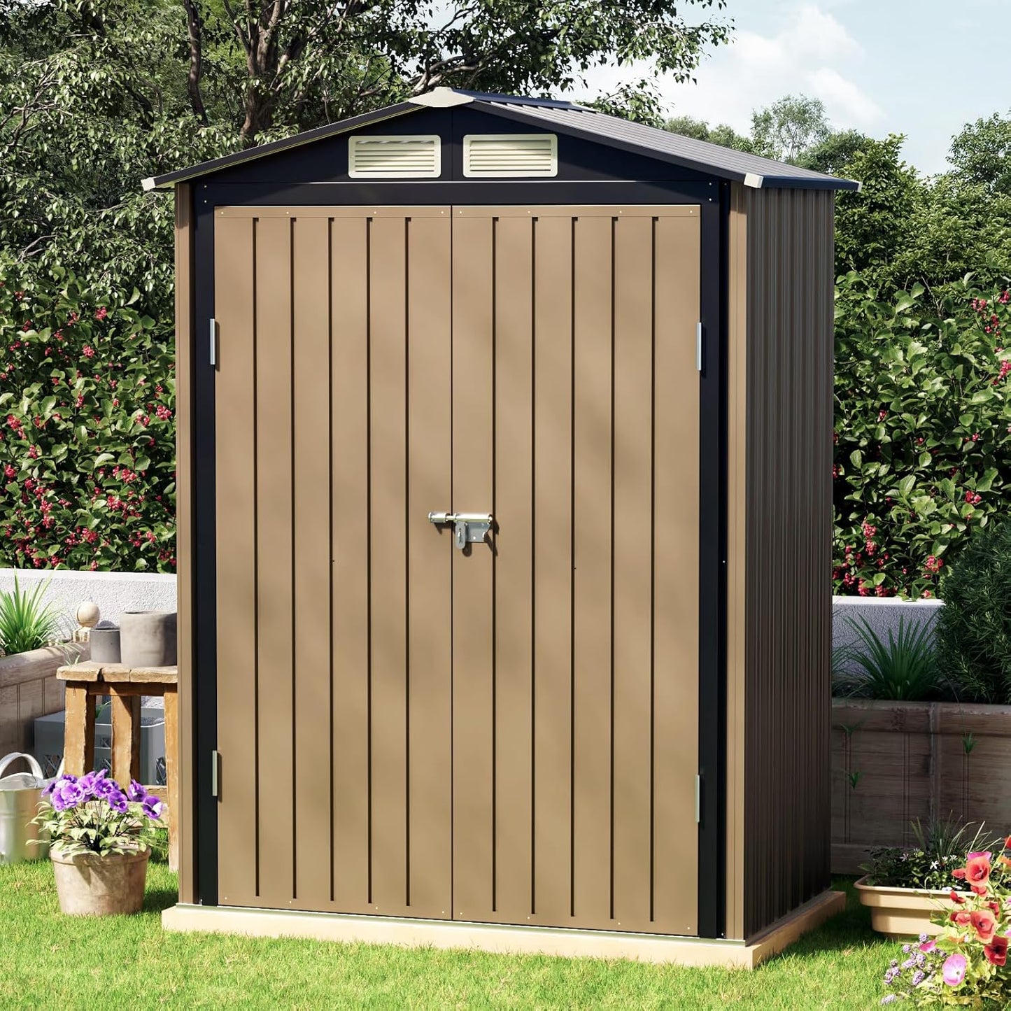 5x3 FT Outdoor Metal Storage Shed, Double Door, 1 Clear Window, Tool Shed for Garden, Patio, Backyard Brown