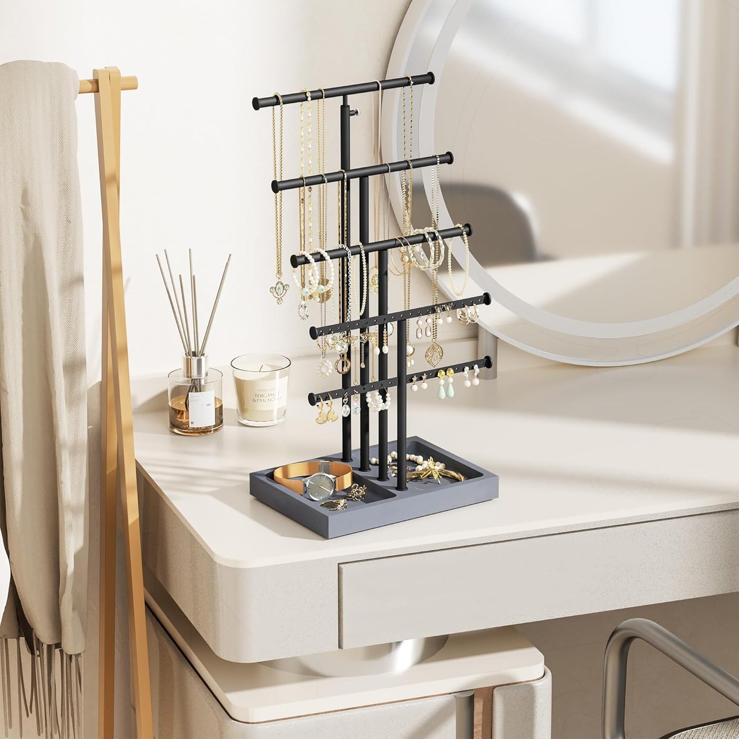 Love-KANKEI Jewelry Organizer Stand, 5 Tier Large Necklace Holder with Wood Base, Jewelry holder stand Tree for Display, Bracelets Earrings Rings, Height Adjustable Gift Weathered Grey
