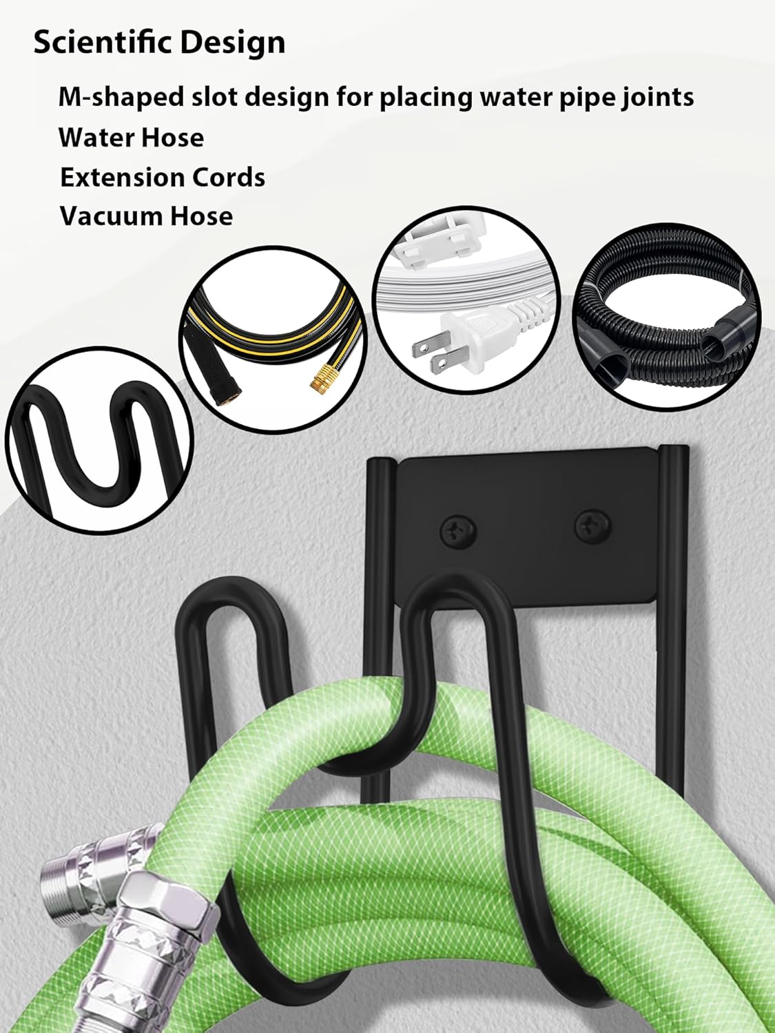 Metal Garden Hose Holder, Wall Mounted Water Hose Hanger, Solid Hose Hook for Garden Garage Water Hose/Extension Cords/Vacuum Lines (Black)