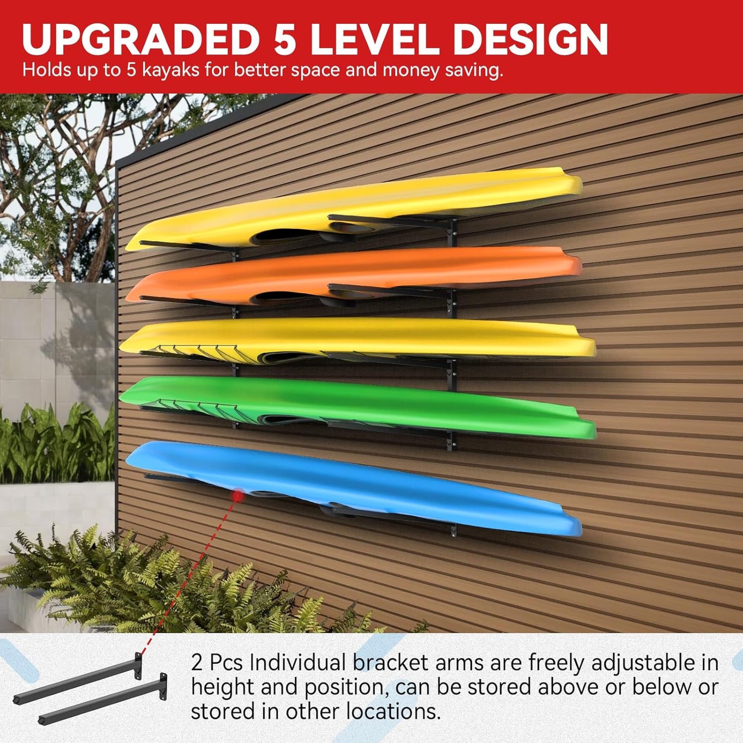 Kayak Storage Rack Wall Mount Adjustable 5 Levels Kayak Rack Wall Hanger Holder for Paddle Boards Surfboard Canoe Kayak Paddle Holder for Garage Indoor Outdoor