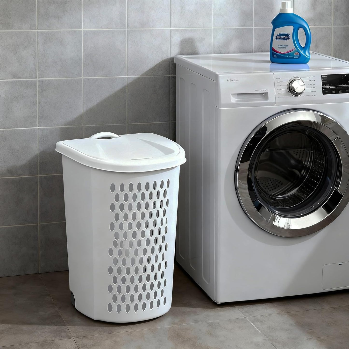 Large Capacity Laundry Basket with Wheels and Telescopic Handle - Ventilation Holes for Freshness - Portable Laundry Hamper for Apartments Dorm Rooms - White