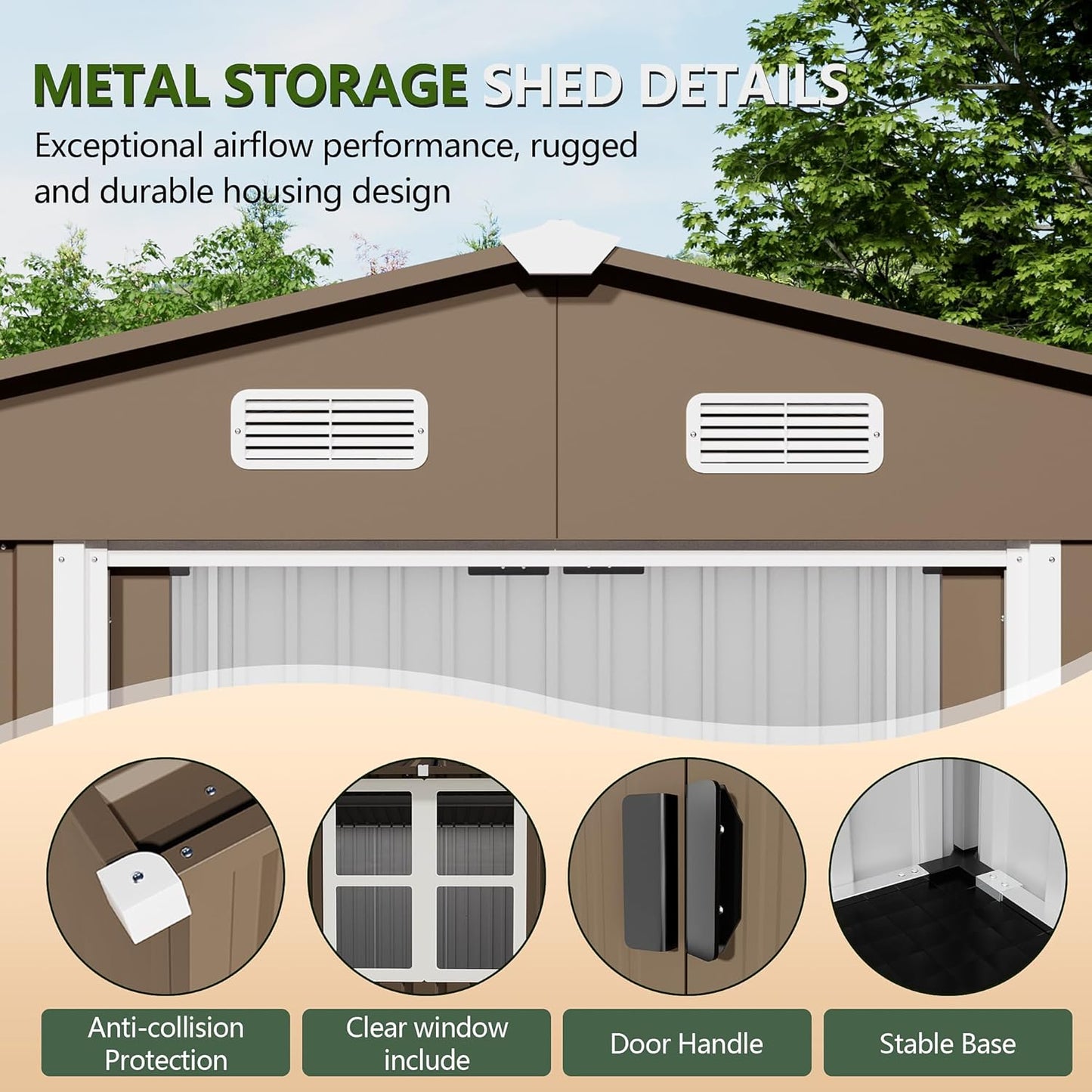 10x8FT Outdoor Storage Shed with Floor & Lockable Sliding Doors,Metal Storage Shed with 1 Air Vents,Waterproof Garden Shed for Backyard,Patio, Lawn,(Brown,Base Included)