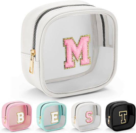 YOOLIFE Initial Make Up Bag Travel Toiletry Bag, Clear Makeup Bag Preppy Cosmetic Bags Organizer Travel Essentials Gifts for Women Teen Girlfriend Teacher Mom Birthday Mothers Day Gifts White M