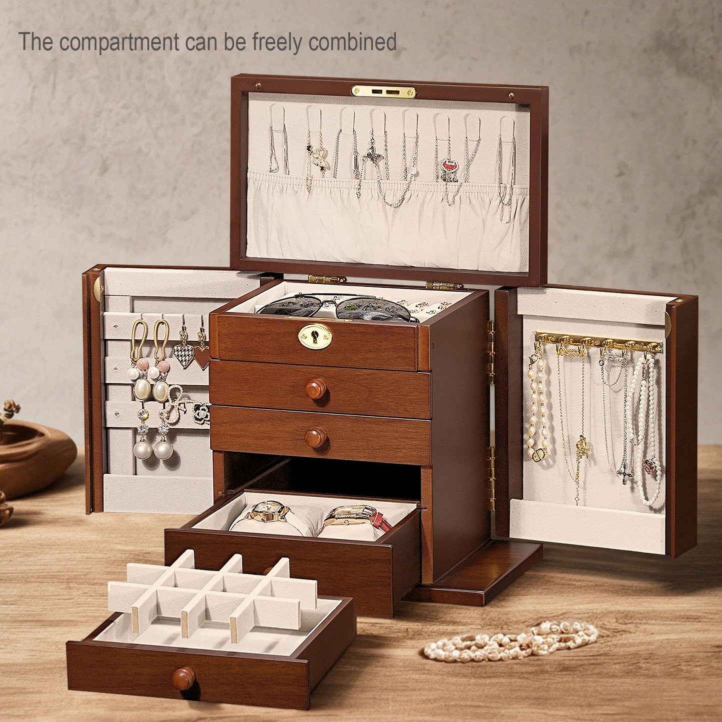 Lockable Wooden Jewelry Box for Women - 8-Layer Dresser Top Jewelry Boxes and Organizer with Key,Large Storage for Necklaces,Solid Wood Jewelry Organizers with Necklace Hooks