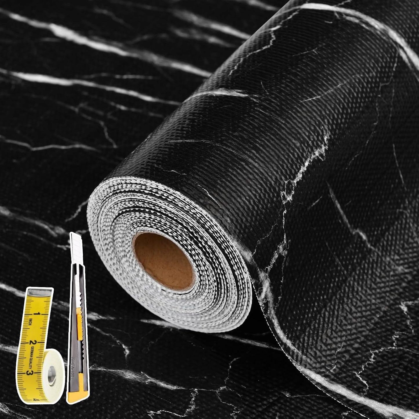 Drawer and Shelf Liner for Kitchen Cabinet: 23 in X 30 Ft Non Slip Waterproof Shelf Paper Non Adhesive Refrigerator Liners Black Marble Easy Liners for Bathroom with Knife Tape Measure