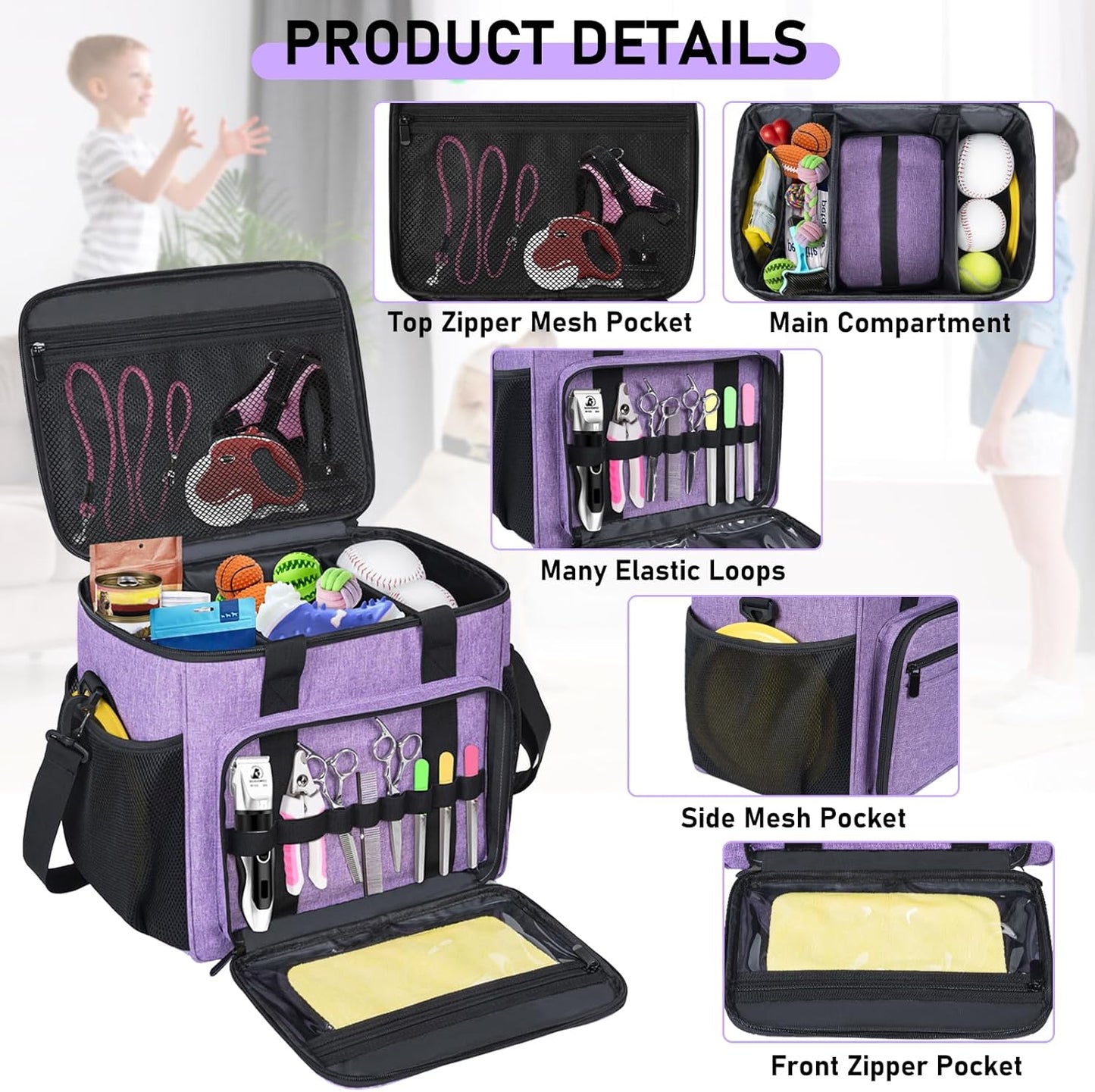GMAK Pet Grooming Bag, Dog Grooming Tote Bags Supplies Organizer Case Pets Tools Organizer Tote for Dog Cat Grooming Tool Kit, Clippers, Scissors and Accessories, Purple(Bag Only)