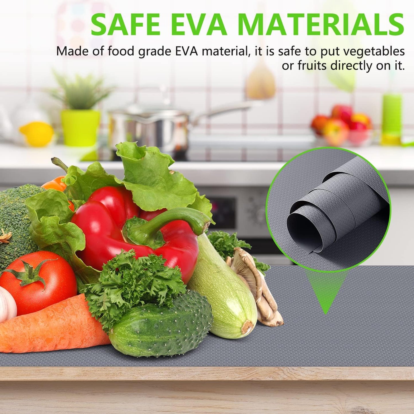 Shelf Liners for Kitchen Cabinets Refrigerator Liners Waterproof Kitchen Cupboard Liner Non-Slip Drawer Mats EVA Material Non Adhesive Fridge Mats for Shelves - Gray 17.5 x 393.7 Inches