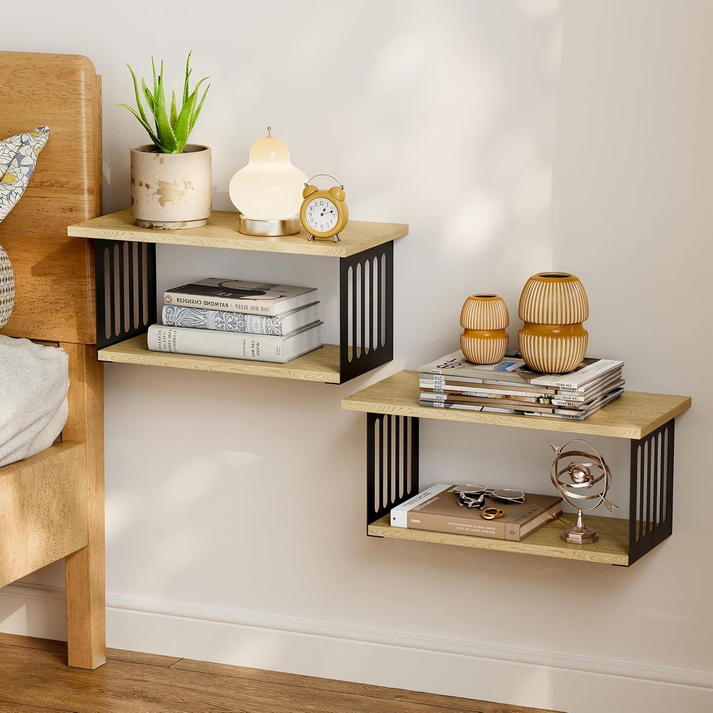 Floating Nightstand Set of 2, 2-Tier Floating Shelves Wall Mounted,Floating Bedside Table Wall Shelf,Display Wall Shelves for Bedroom,Living Room, Bathroom, Kitchen, Natural
