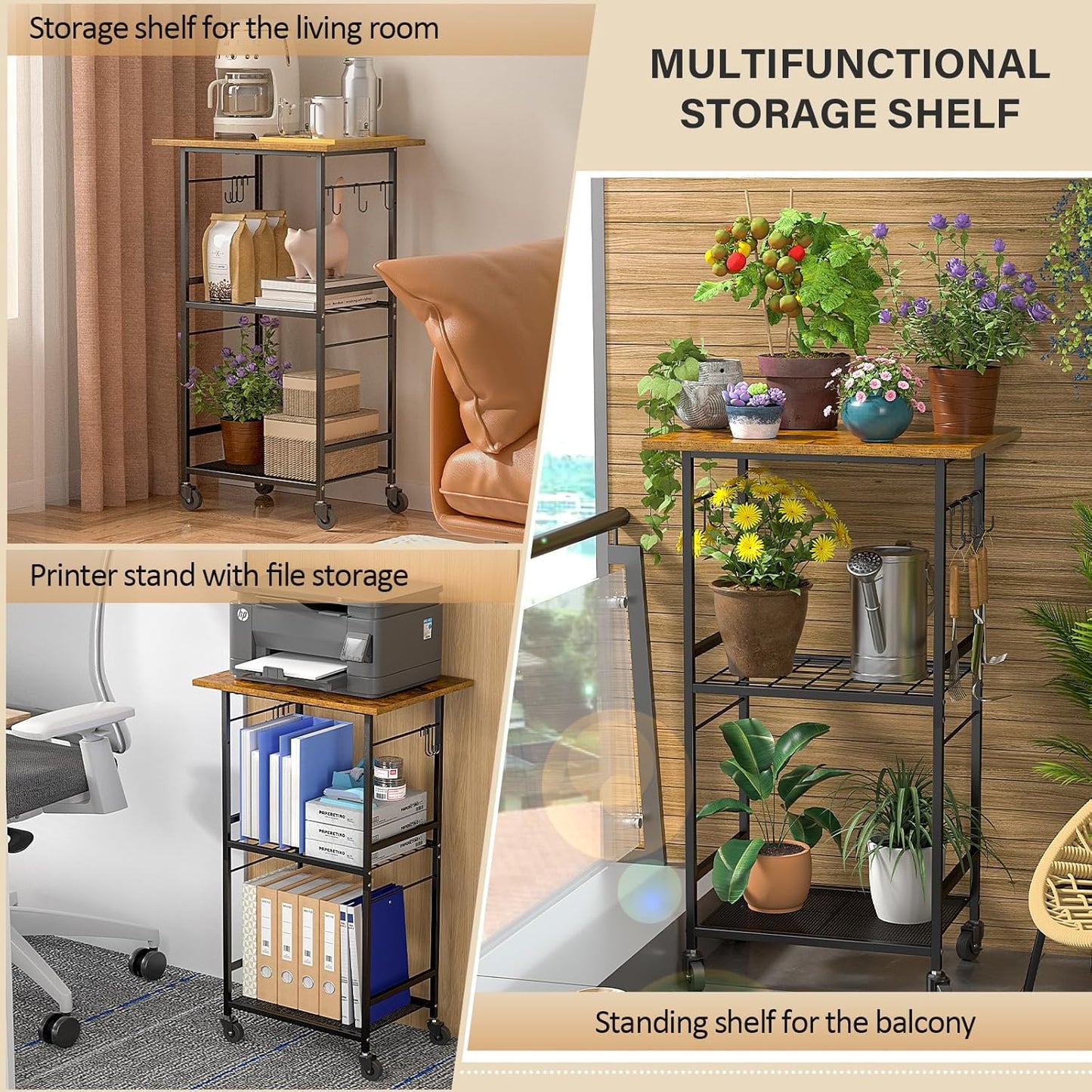 Rolling Kitchen Microwave Cart, 3 Tier Microwave Table Stand with Adjustable Shelf, Kitchen Storage Rack on Wheels, Coffee Station Cart Rack Shelf Organizer for Living Room Office, Balcony