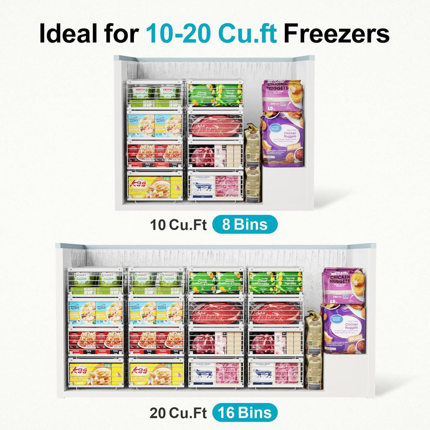 iSPECLE Freezer Organizer Bins - Fit 10 to 20 Cu.FT Deep Freezer, 8 Pack Large Expandable Stackable Chest Freezer Organizer Sort Frozen Food Easy to Get Food from Bottom without Digging, White