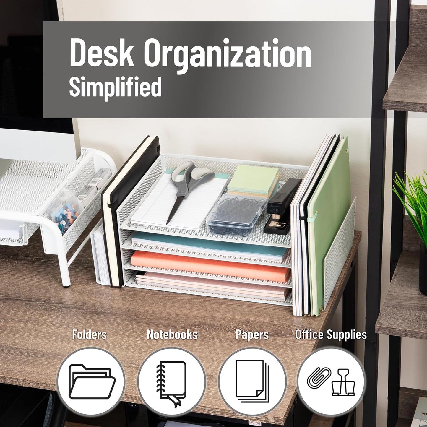 Mind Reader Desktop Organizer, File Storage, Paper Tray, Workspace, Office, Metal Mesh, 16.75" L x 9.15" W x 6" H, White
