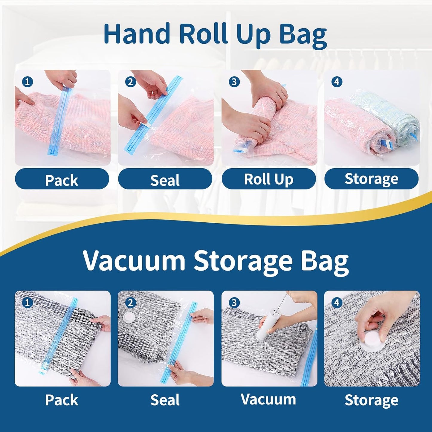 Vacuum Storage Bags for Clothing Travel,7 Pack Vacuum Bags with Pump,Space Saver Bag for Clothes Travel & Home (2 Roll Up Bags,1 Small,1 Medium,1 Large,1 Jumbo,1 Super Jumbo)