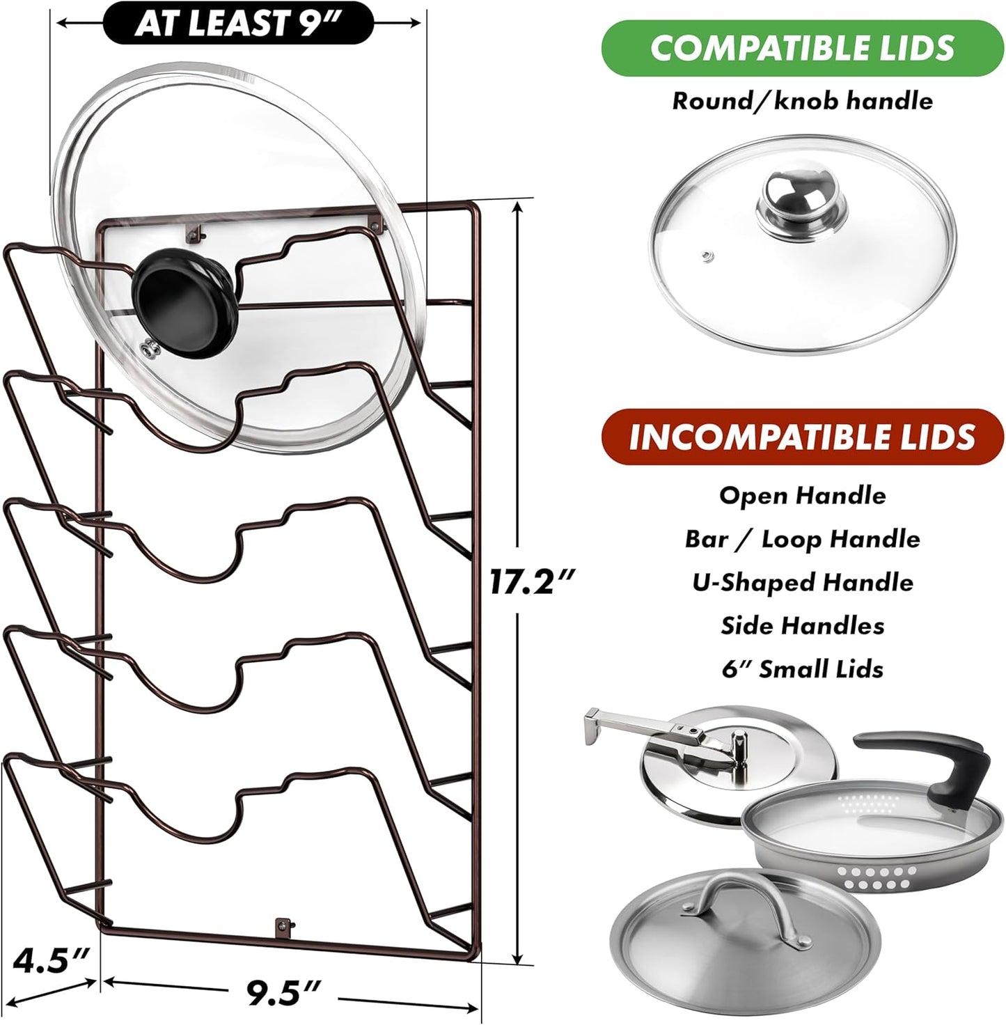 Simple Houseware Wall Door Mounted Pot Lid Rack, 9.5" Wx4.5 Dx17.2 H, Bronze Finish