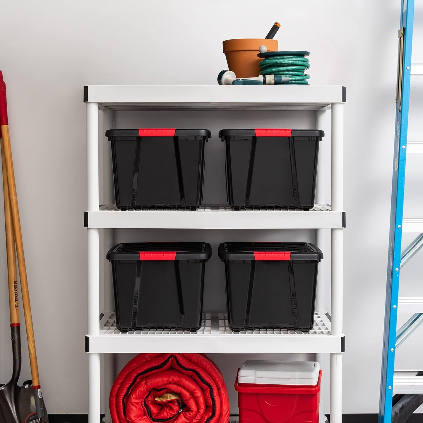 IRIS USA 40 Qt Stackable Plastic Storage Bins with Lids, 4 Pack - BPA-Free, Made in USA - Garage Organizing Solution, Latches, Durable Nestable Containers, Secure Pull Handle - Black