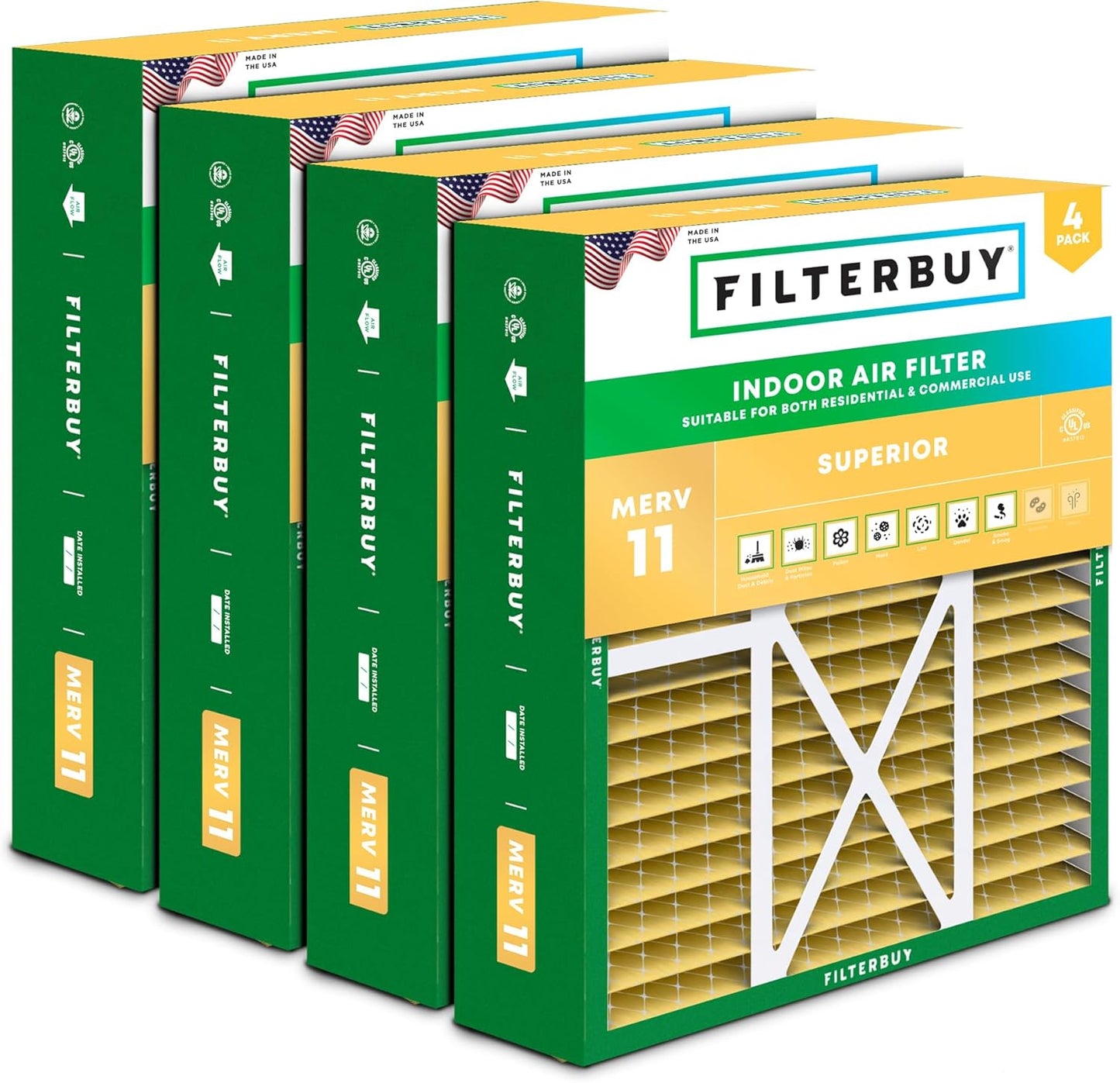 Filterbuy 16x20x5 Air Filter MERV 11 Superior Pet & Allergy Defense (4-Pack), Pleated HVAC AC Furnace Filters for Honeywell FC100A1003, Lennox X0592, and More (Actual Size: 15.75 x 19.75 x 4.38)
