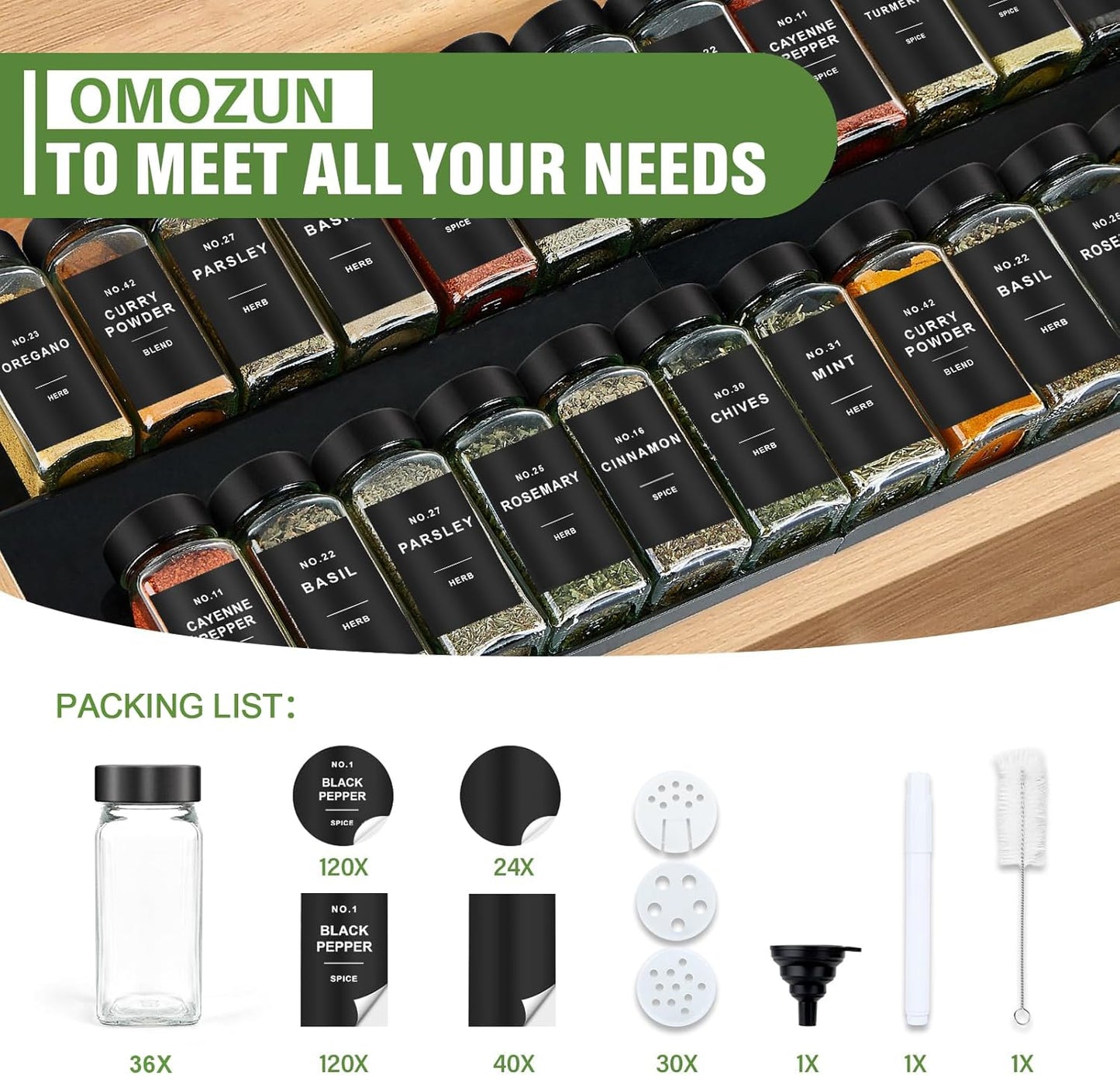 Spice Jars with Label, 36pcs 4oz Glass Spice Jars with Black Lids, Square Spice Containers with 304 Labels and Shaker Inserts, Empty Seasoning Bottles for Drawer, Cabinet, Seasoning Organizer