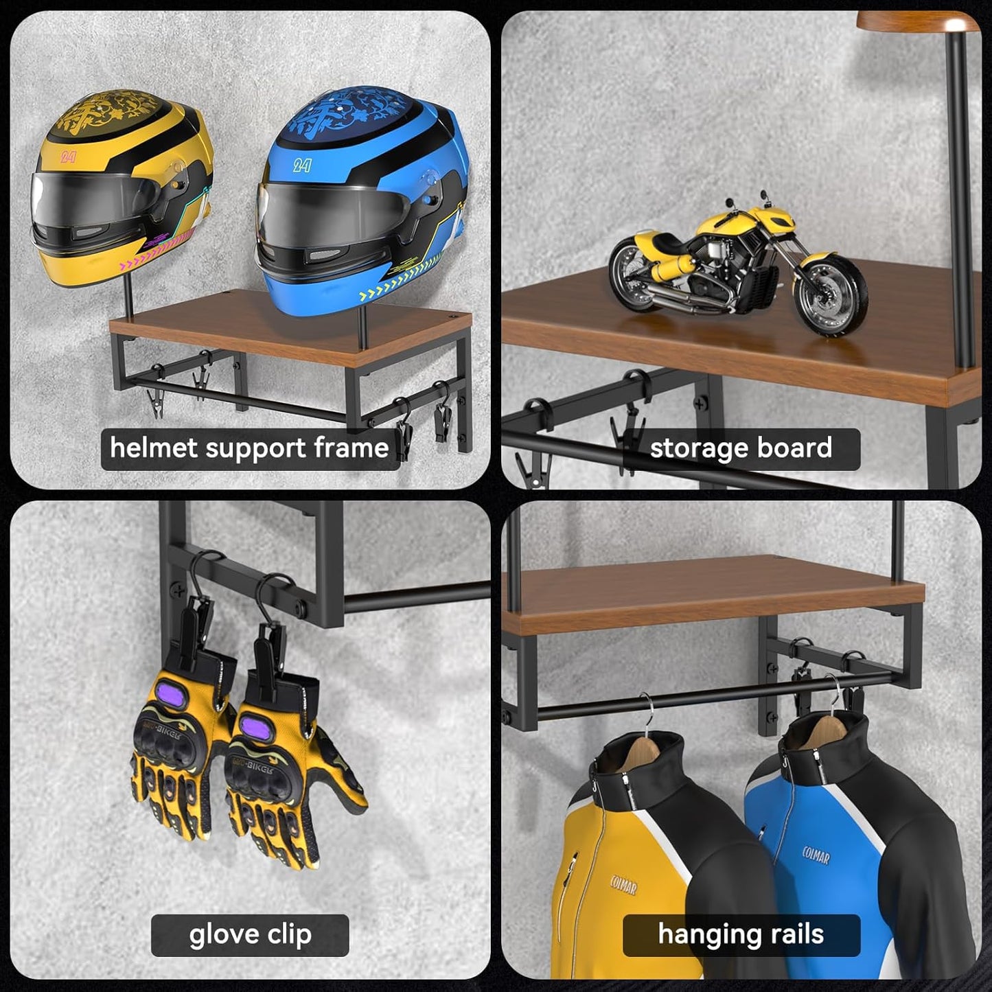 BORISI Helmet Holder Wall Mount, Motorcycle Helmet Holder, Helmet Stand with Motorcycle Accessories, Helmet Rack for Display Wall Mount, Motorcycle Gear Storage Rack