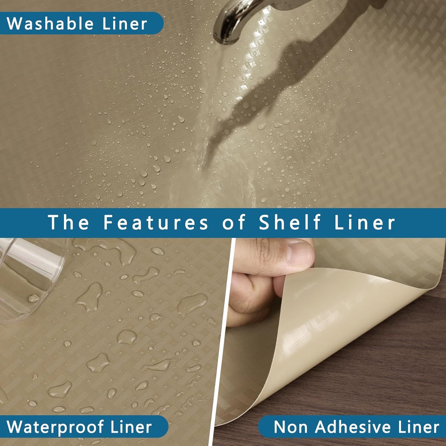 HooTown Kitchen Shelf Liner Drawer Liners, 23.6"W x 78.7"L Non-Adhesive Cabinet Cupboard Liners Refrigerator Waterproof Fridge Mat with Durable Kitchen Cabinet Mat for Drawers, Shelves, Pantry, Khaki