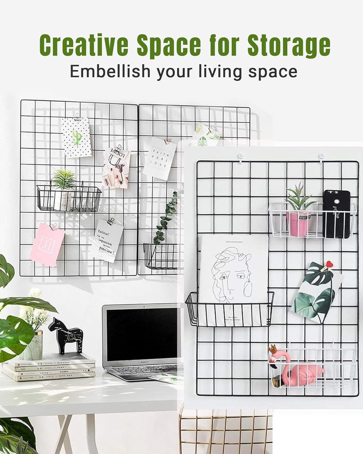 3 Pack Wall Basket, Hanging Wire Basket for Wall Grid Panel, Metal Hanging Baskets for Organizing, Wire Wall Baskets for Storage, Home Decor, Grid Wall Accessories