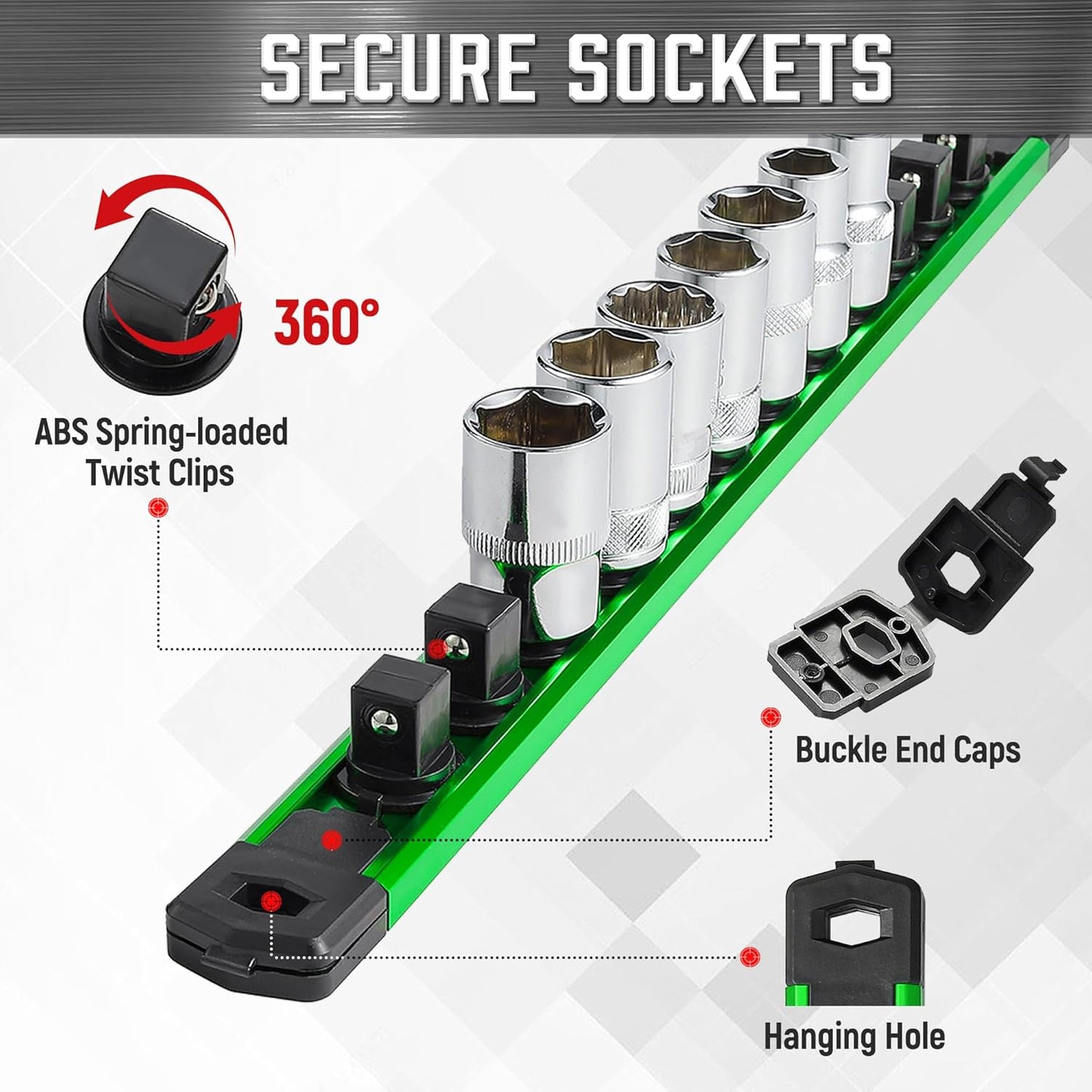 ALOANES 1/4-Inch Drive Magnetic Socket Organizer, Heavy Duty Aluminum Socket Rail Organizer, 360° Swivel Clips Socket Holder Kit for Tool Box, 1/4-Inch Socket Holder x 14 Clips (Green)