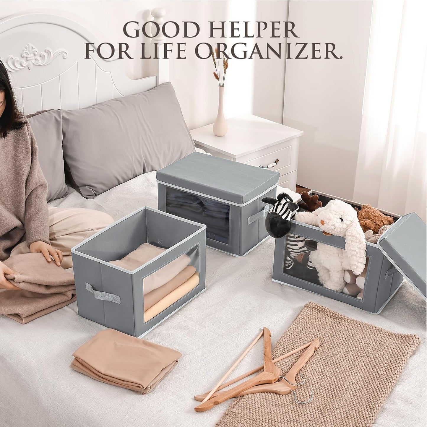 Stackable Storage Bins with Lids - Medium Storage Box with Lids, Foldable Closet Boxes for Organizing, Wardrobe Clothes Organizer with Window, Cubes Bins for Living Room, 5 Pack, Grey